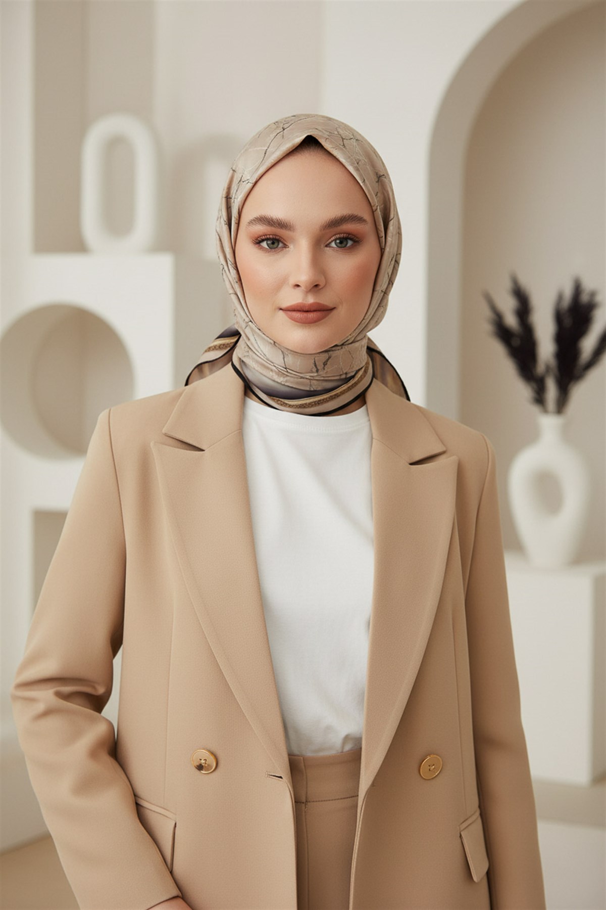 % 57 İPEK % 43 VİSKON Twill İpek Mermer Desenli Taş Renkli 90x90 Eşarp Dikim Şekli : El Dikişi