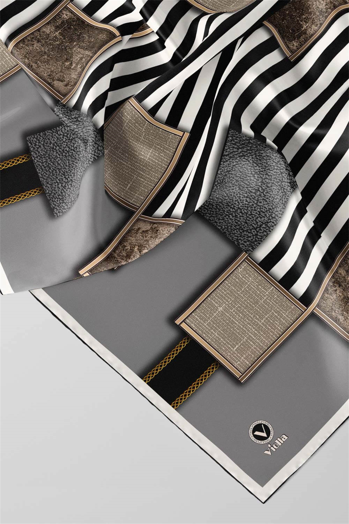 Twill Geometrik Ve Çizgili Desenli Gri Renkli 90x90 Eşarp (İpek İçermez) Dikim Şekli : El Dikişi