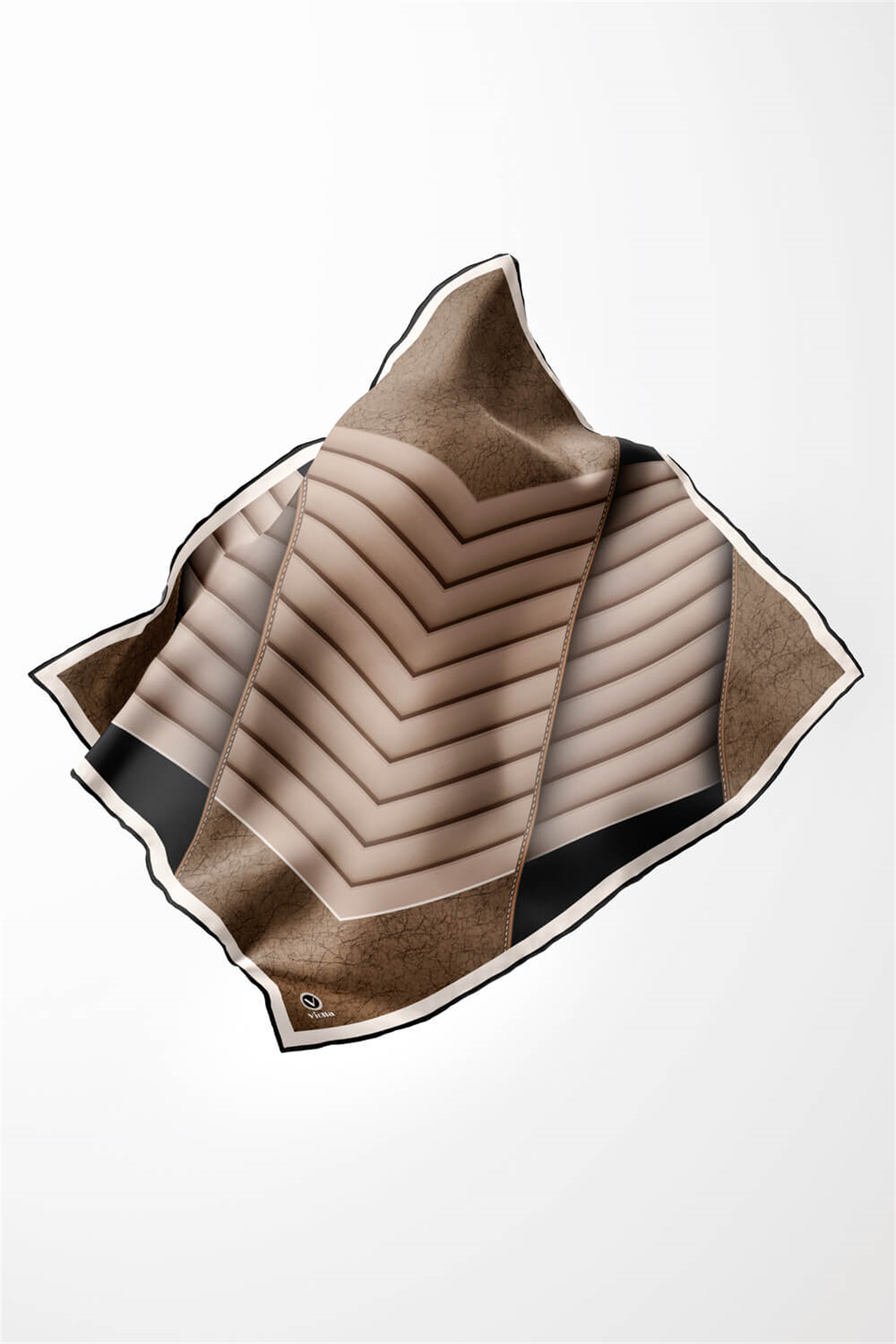 Twill Zigzag Desenli Bej Renkli 90x90 Eşarp (İpek İçermez) Kenar Dikiş Şekli El Dikişli
