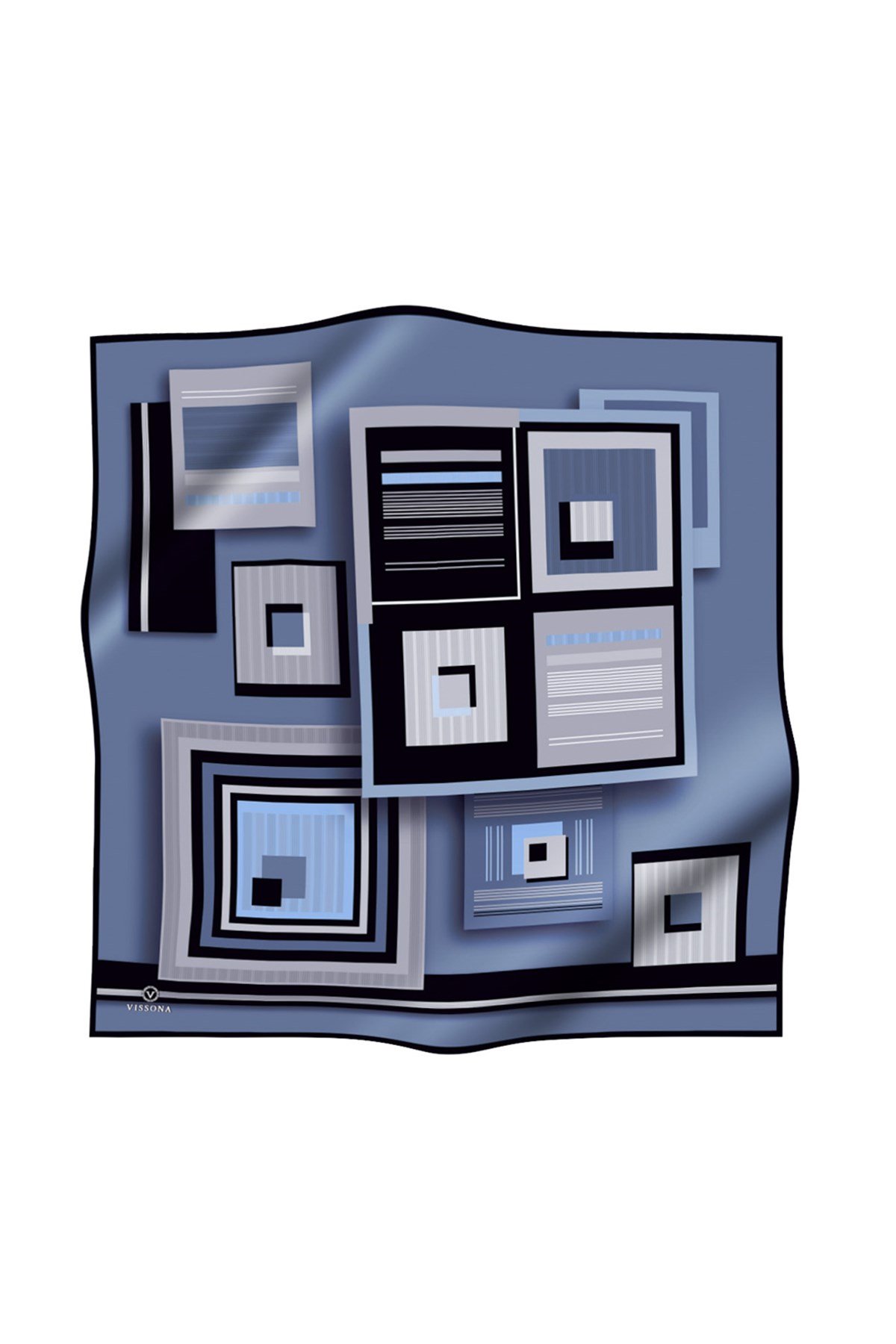 %100 Twill İpek Kare Desenli İndigo - Gri Renkli 90x90 Eşarp Kenar Dikiş Şekli El Dikişli