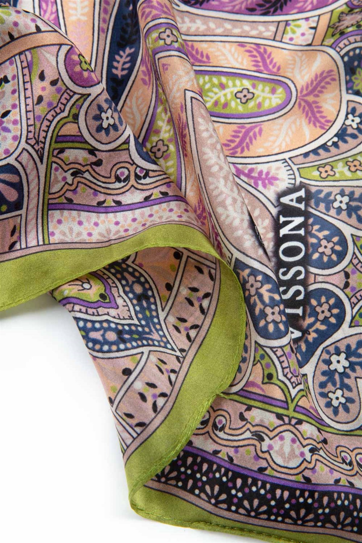 100% İpek Etro Desenli Fıstık Yeşili - Mor Renkli 92x210 Şal