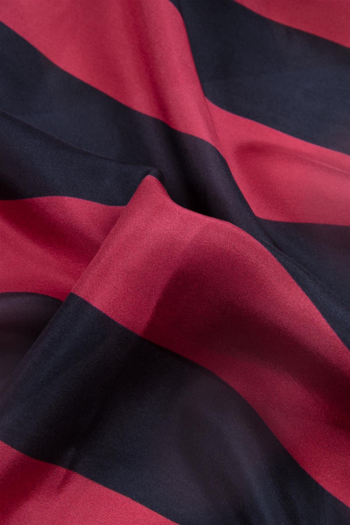 %100 İpek Şerit Ve Varak Desenli Kırmızı - Bej Renkli 92x210 Şal