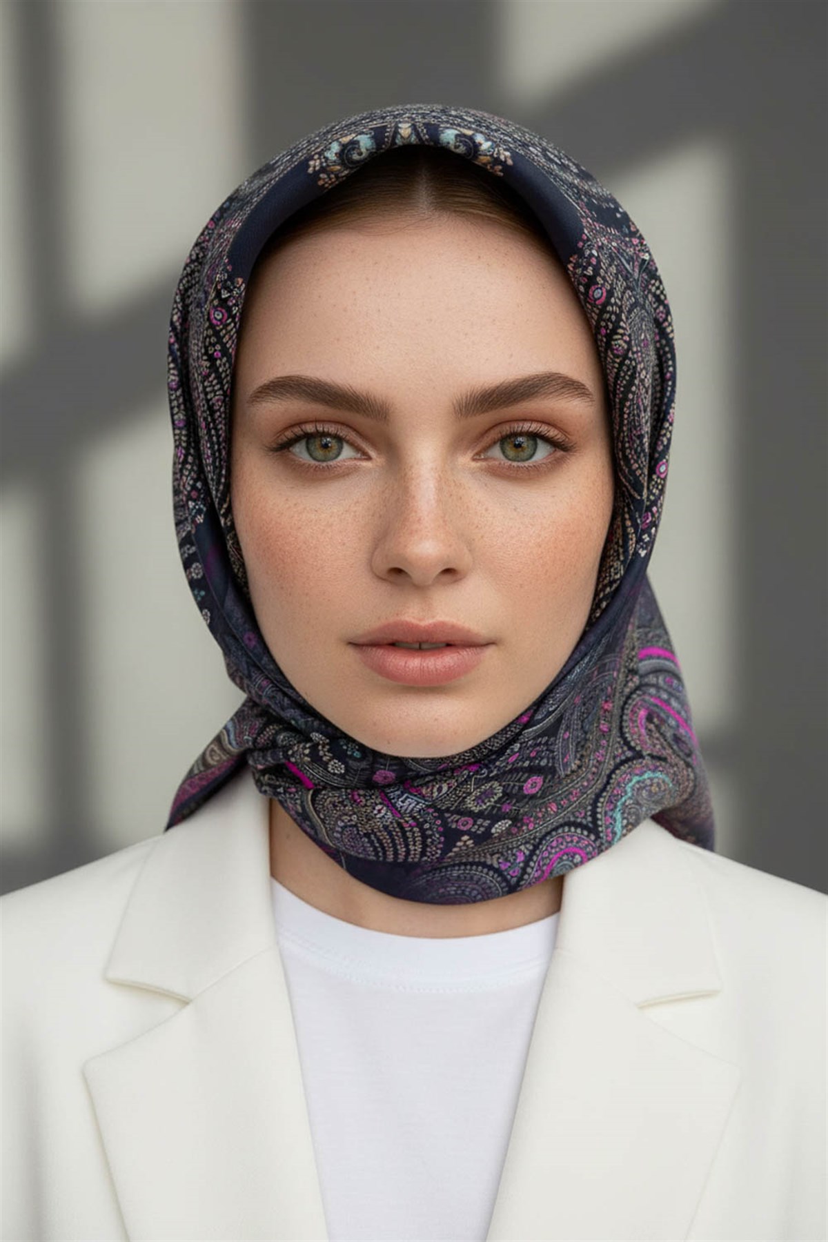 %100 Twill İpek Şal Desenli Lacivert Renkli 90x90 Eşarp Dikim Şekli : El Dikişi