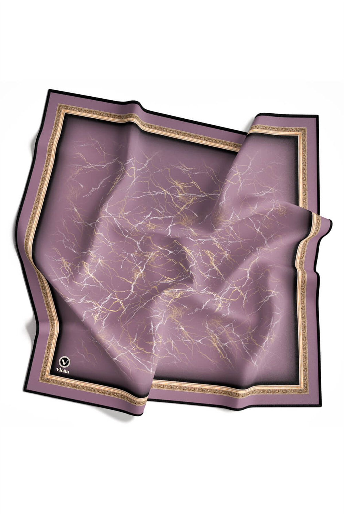 Twill Barok Çerçeveli Mermer Desenli Lila Renkli 90x90 Eşarp (İpek İçermez) Kenar Dikiş Şekli El Dikişli