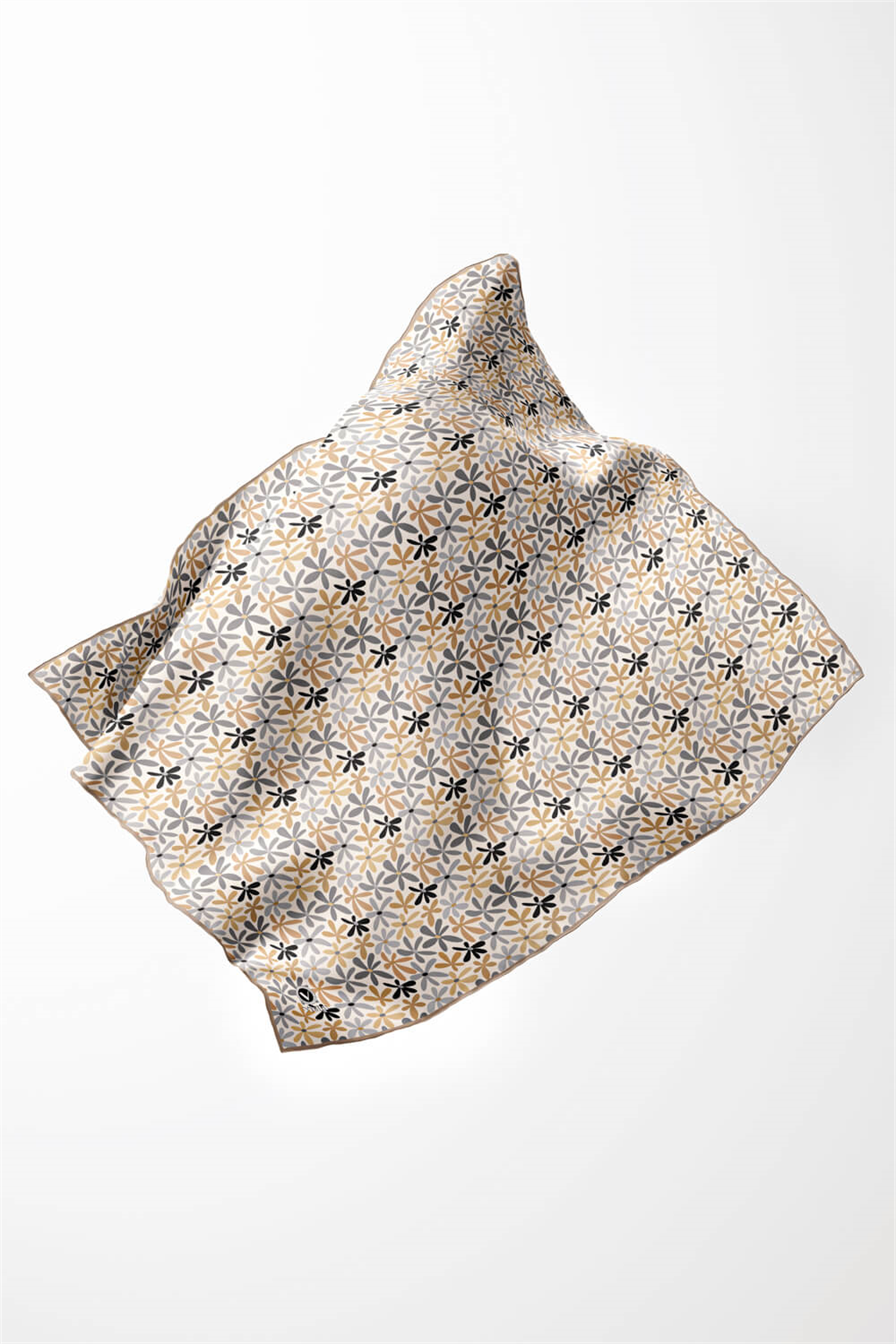 Twill Renkli Çiçek Desenli Bej Renkli 90x90 Eşarp (İpek İçermez) Kenar Dikiş Şekli El Dikişli