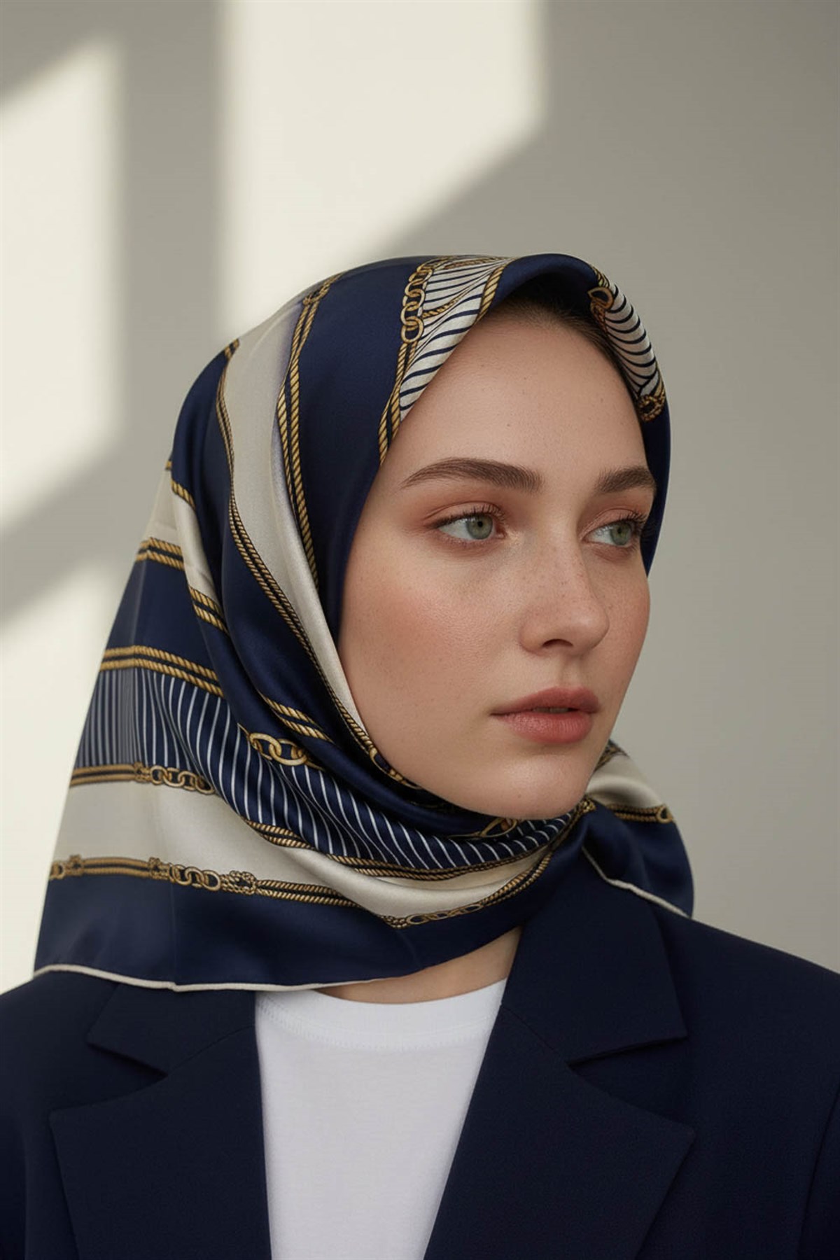 %100 Twill İpek Zincir Detaylı Geometrik Desenli Lacivert - Lacivert Renkli 90x90 Eşarp Dikim Şekli : El Dikişi