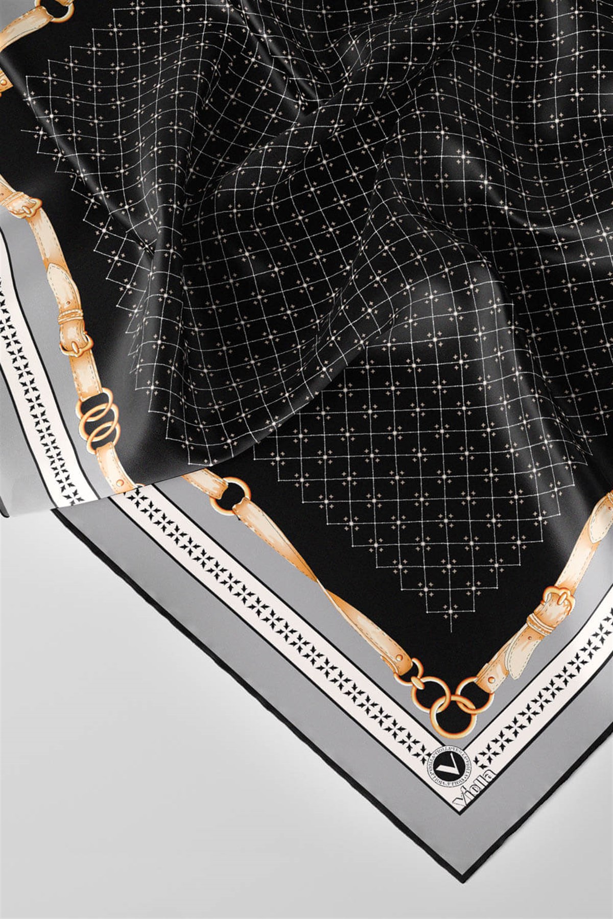 Twill Kemerli ve Çıtır Motifli Desenli Gri Renkli 90x90 Eşarp (İpek İçermez) Dikim Şekli : El Dikişi