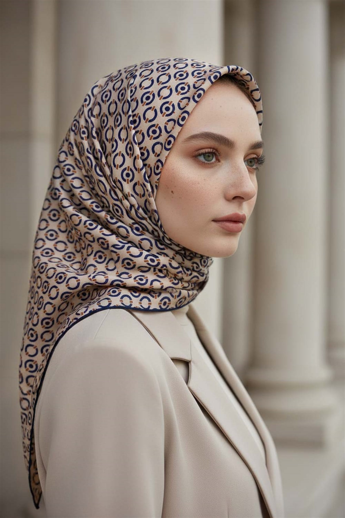 %100 Twill İpek Zincir Desenli Bej - Lacivert Renkli 90x90 Eşarp Kenar Dikiş Şekli El Dikişli
