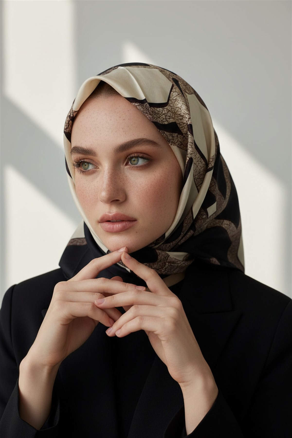 % 57 İPEK % 43 VİSKON Twill İpek Gold Efektli Geometrik Desenli Siyah - Krem Renkli 90x90 Eşarp Dikim Şekli : El Dikişi
