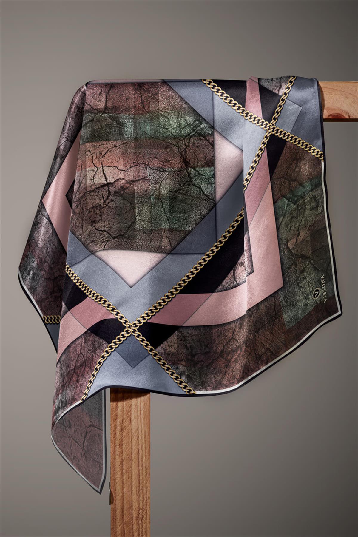 %100 Twill İpek Taş Efekti Desenli Pudra - Gri Renkli 90x90 Eşarp Dikim Şekli : El Dikişi