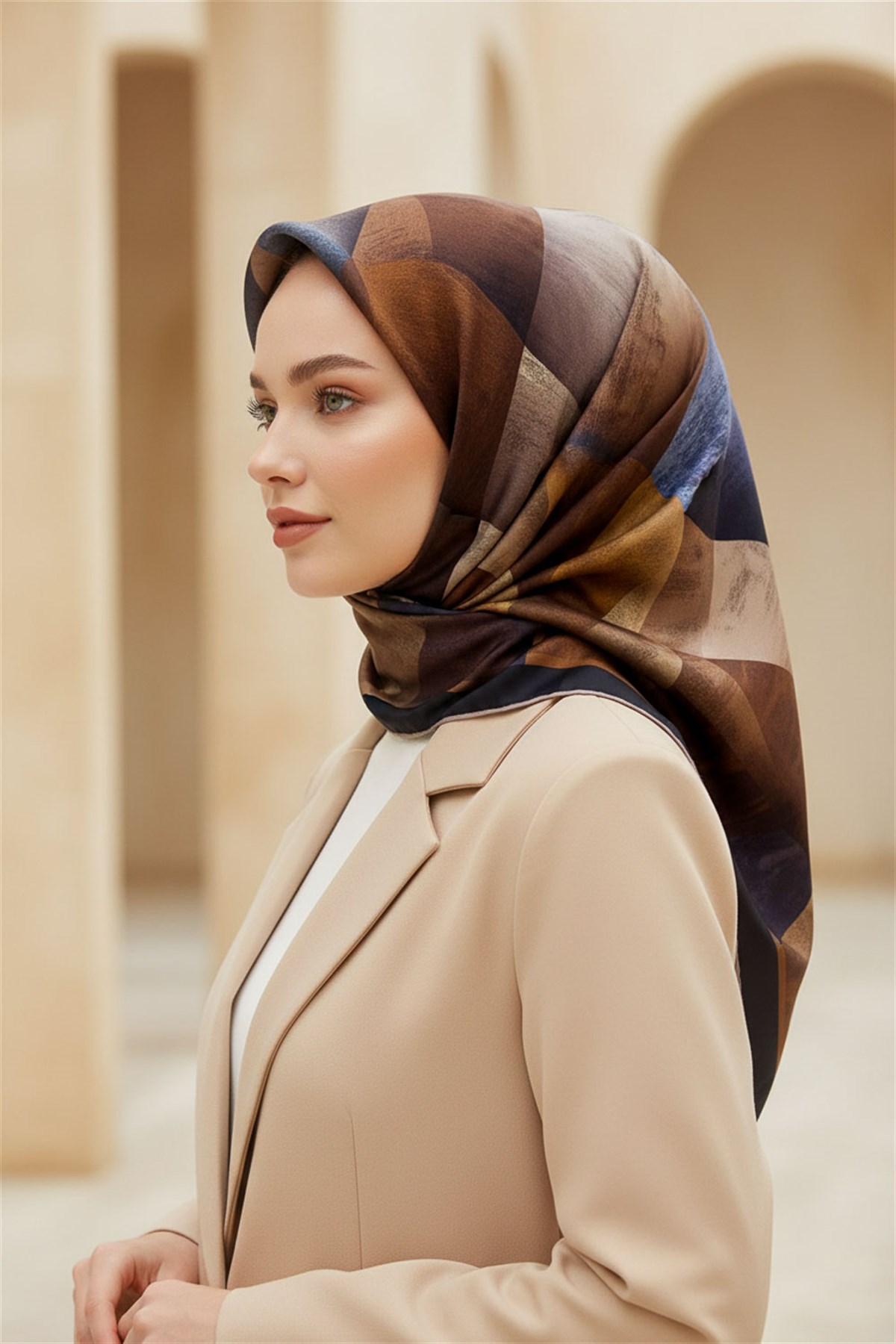 % 57 İPEK % 43 VİSKON Twill İpek Geometrik Desenli Kiremit - İndigo Renkli 90x90 Eşarp Dikim Şekli : El Dikişi