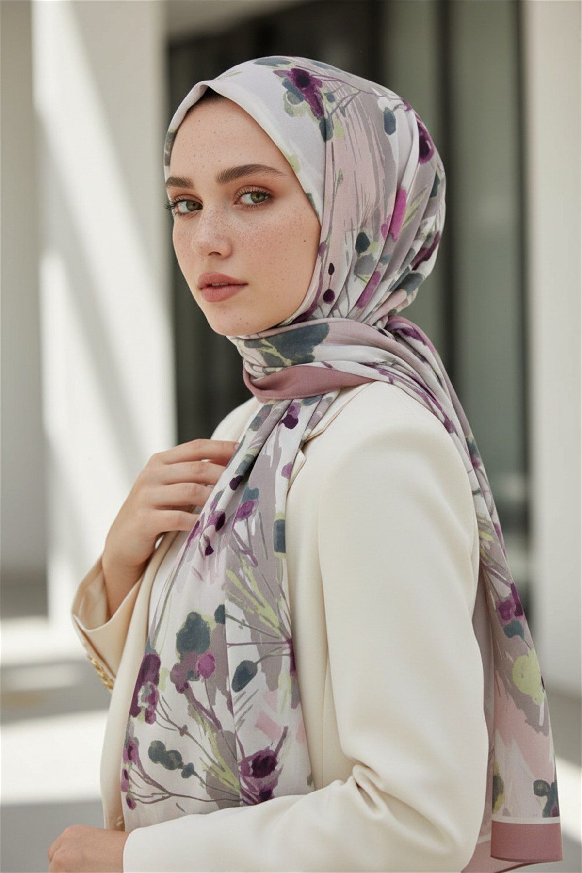 KREP BAHAR DALI DESENLİ PUDRA RENKLİ 75X195 KIRIŞMAZ ŞAL