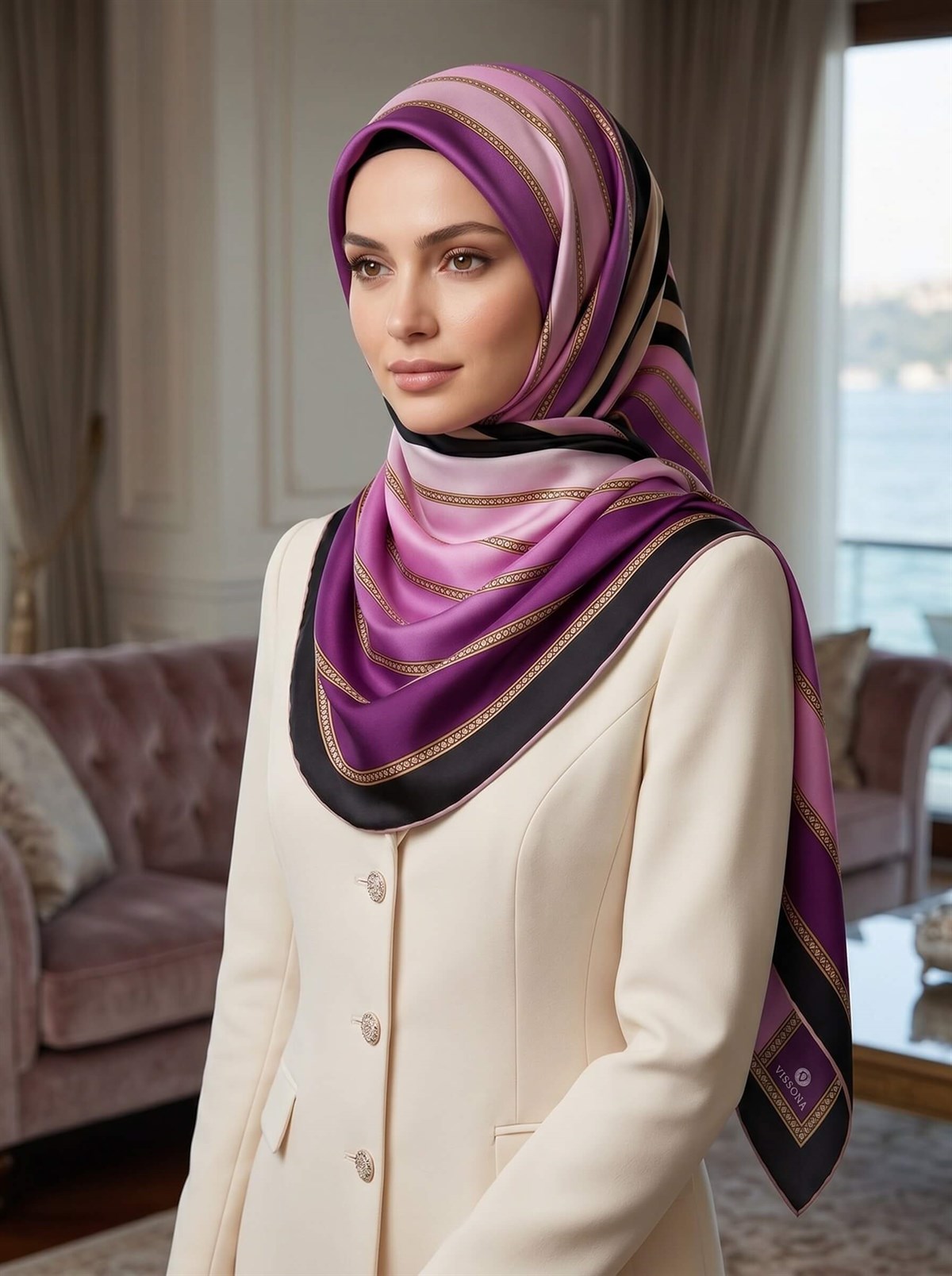 %100 İpek Şerit Desenli Mürdüm - Pembe Renkli 92x210 Şal
