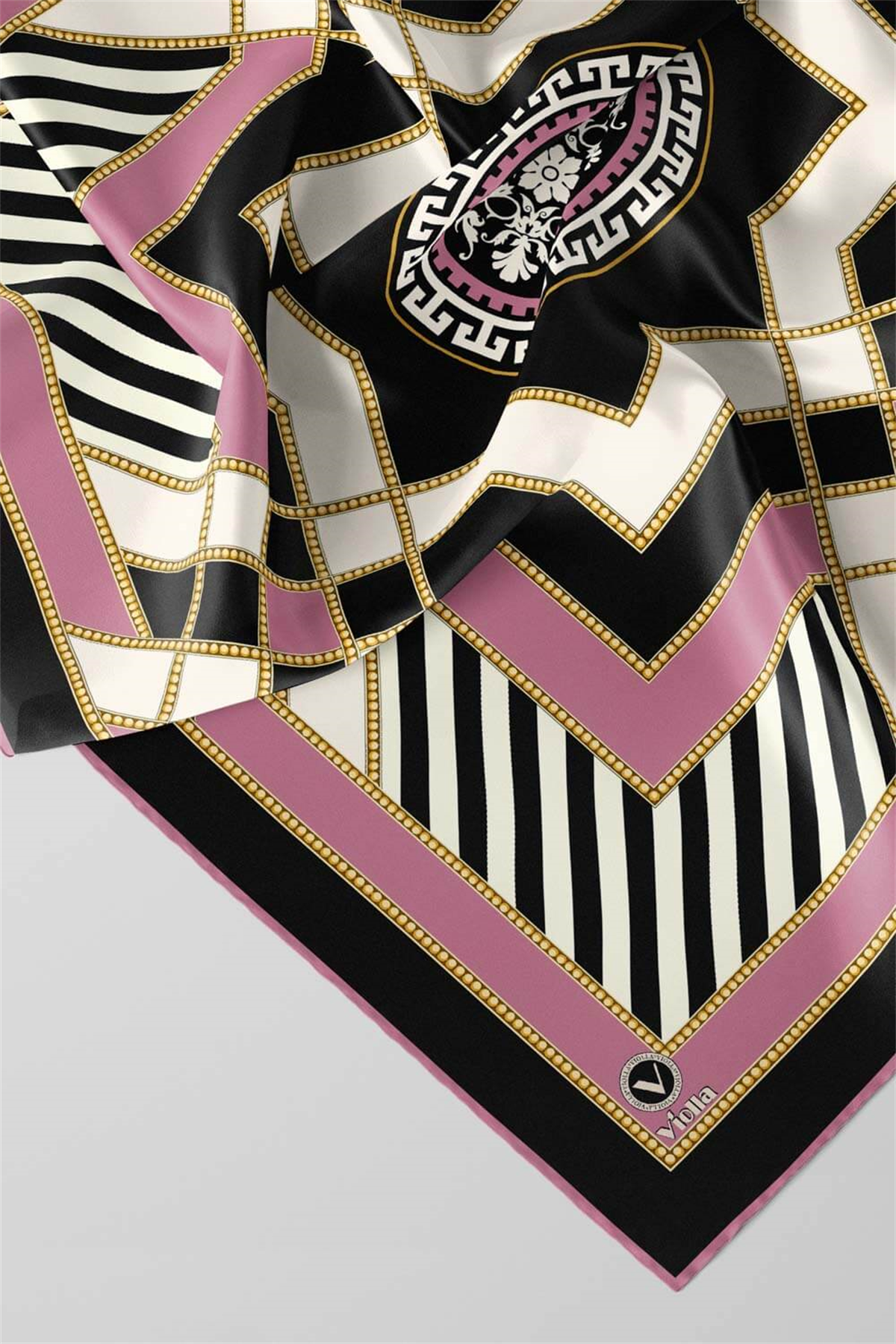 Twill Gold Detaylı Çizgili Desenli Pembe Renkli 90x90 Eşarp (İpek İçermez) Kenar Dikiş Şekli El Dikişli