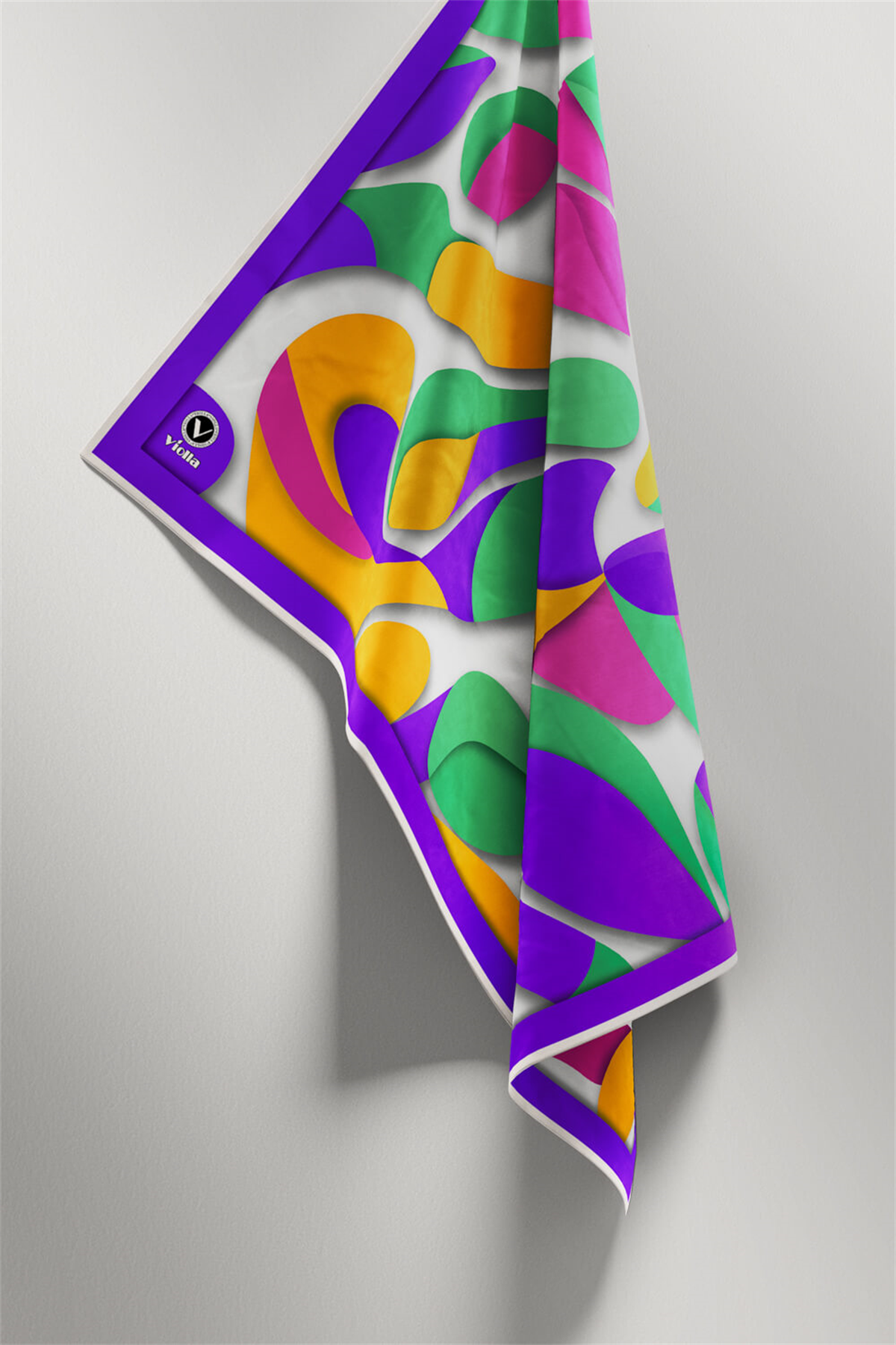 Twill Soyut Geometrik Desenli Mor - Buz Mavisi Renkli 90x90 Eşarp (İpek İçermez) Dikim Şekli : El Dikişi