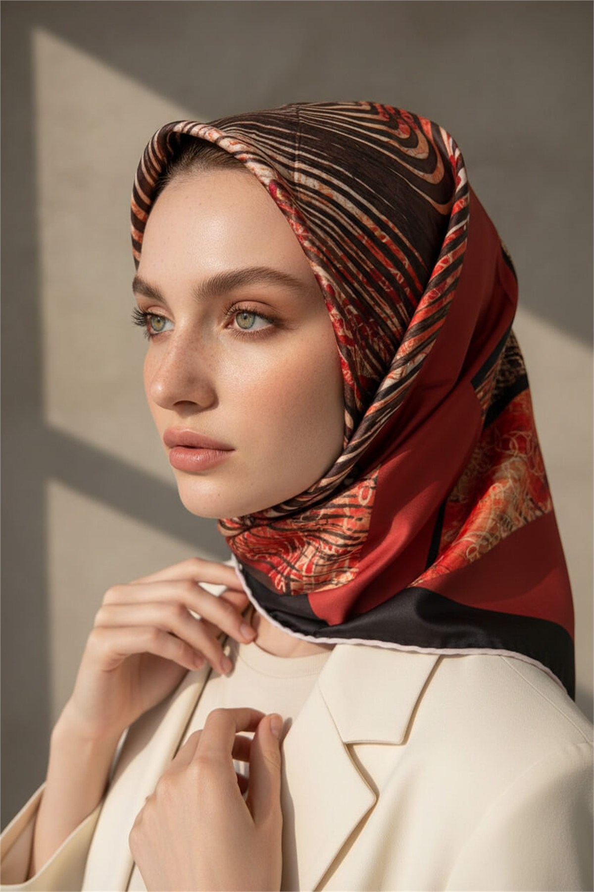 Twill Dalgalı Geometrik Desenli Taba Renkli 90x90 Eşarp (İpek İçermez) Kenar Dikiş Şekli El Dikişli