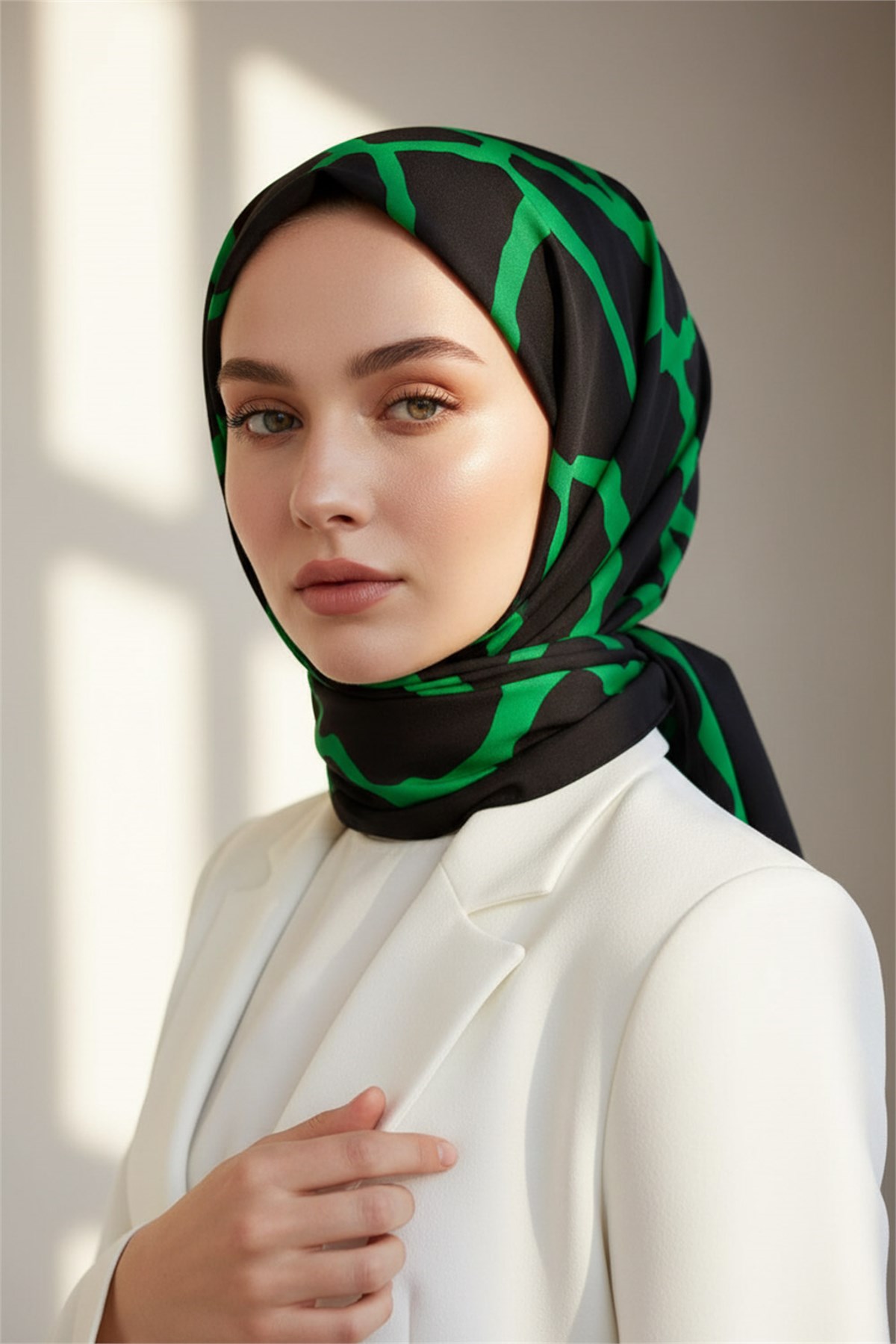 KREP TAŞ DESENLİ SİYAH - ZÜMRÜT YEŞİLİ RENKLİ 75X195 KIRIŞMAZ ŞAL