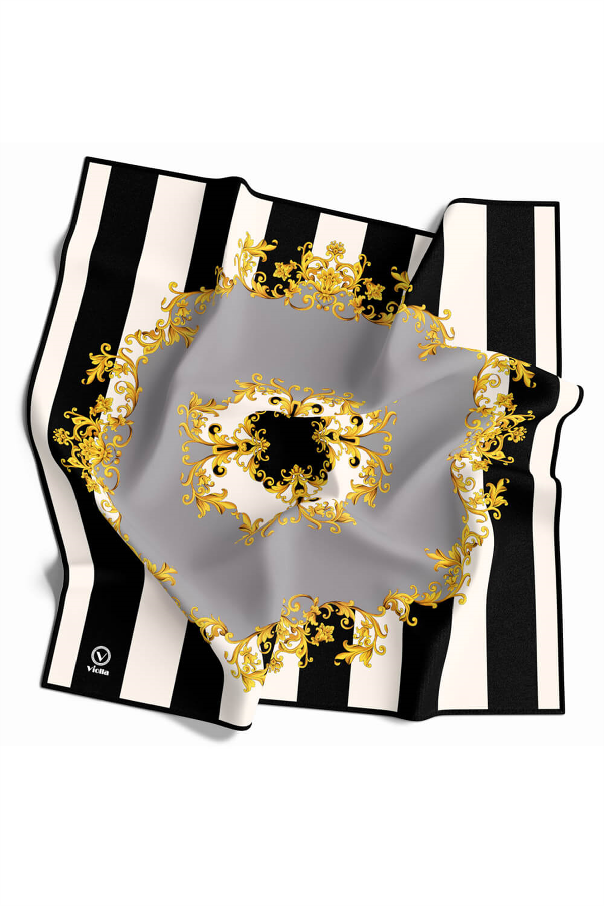 Twill Çizgili Barok Desenli Gümüş Renkli 90x90 Eşarp (İpek İçermez) Kenar Dikiş Şekli El Dikişli