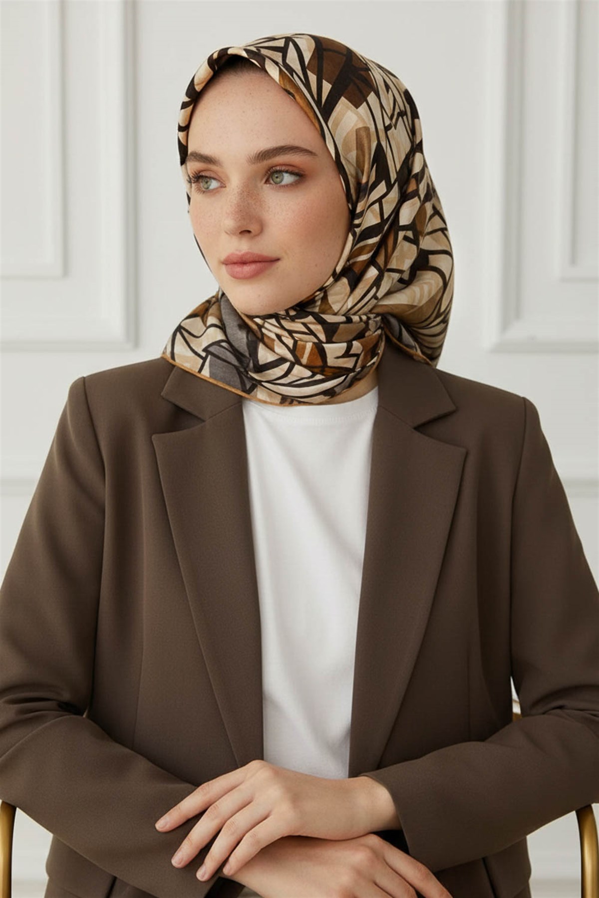 %100 Twill Renkli Petek Desenli Sütlükahve - Vizon Renkli 90x90 Eşarp Dikim Şekli: El Dikişii
