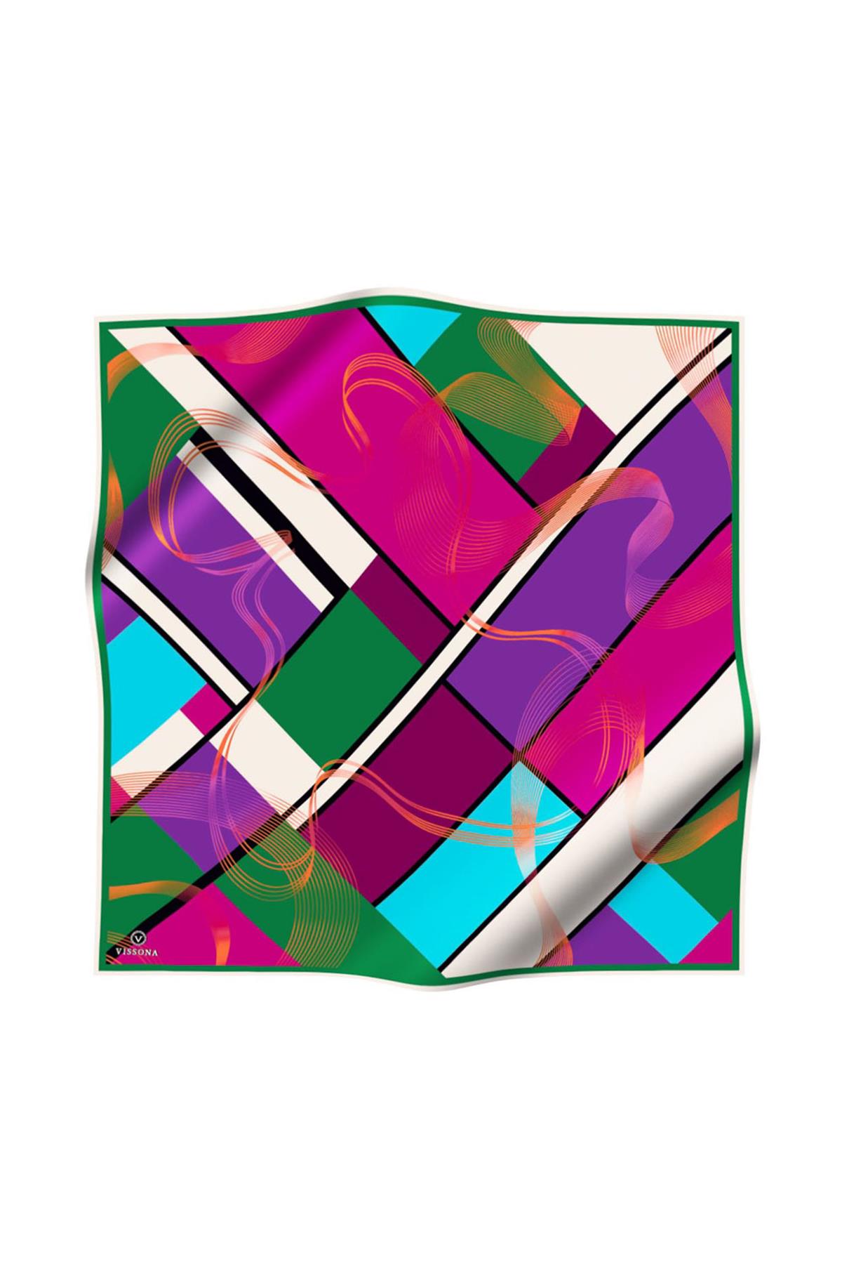 %100 Twill İpek Geometrik Desenli Zümrüt Yeşili - Mürdüm Renkli 90x90 Eşarp Dikim Şekli : El Dikişi