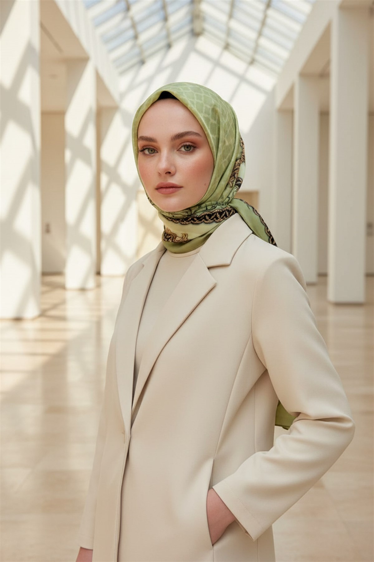 %100 Saf İpek Şal İnce Saten Vual Dokuma Yaprak Desenli Su Yeşili - Gold Renkli 90x210 Şal