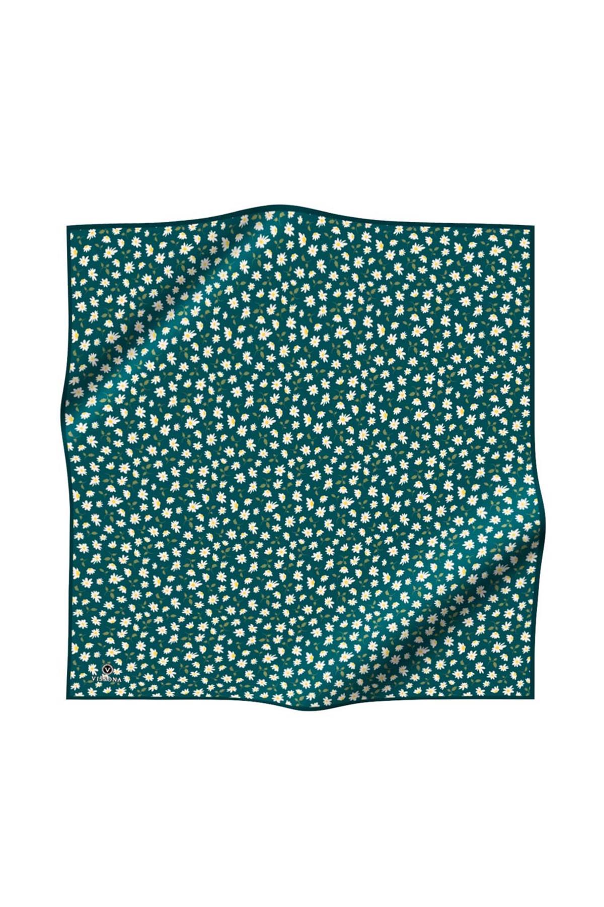 %100 Twill İpek Papatya Desenli Petrol Mavisi Renkli 90x90 Eşarp Dikim Şekli : El Dikişi
