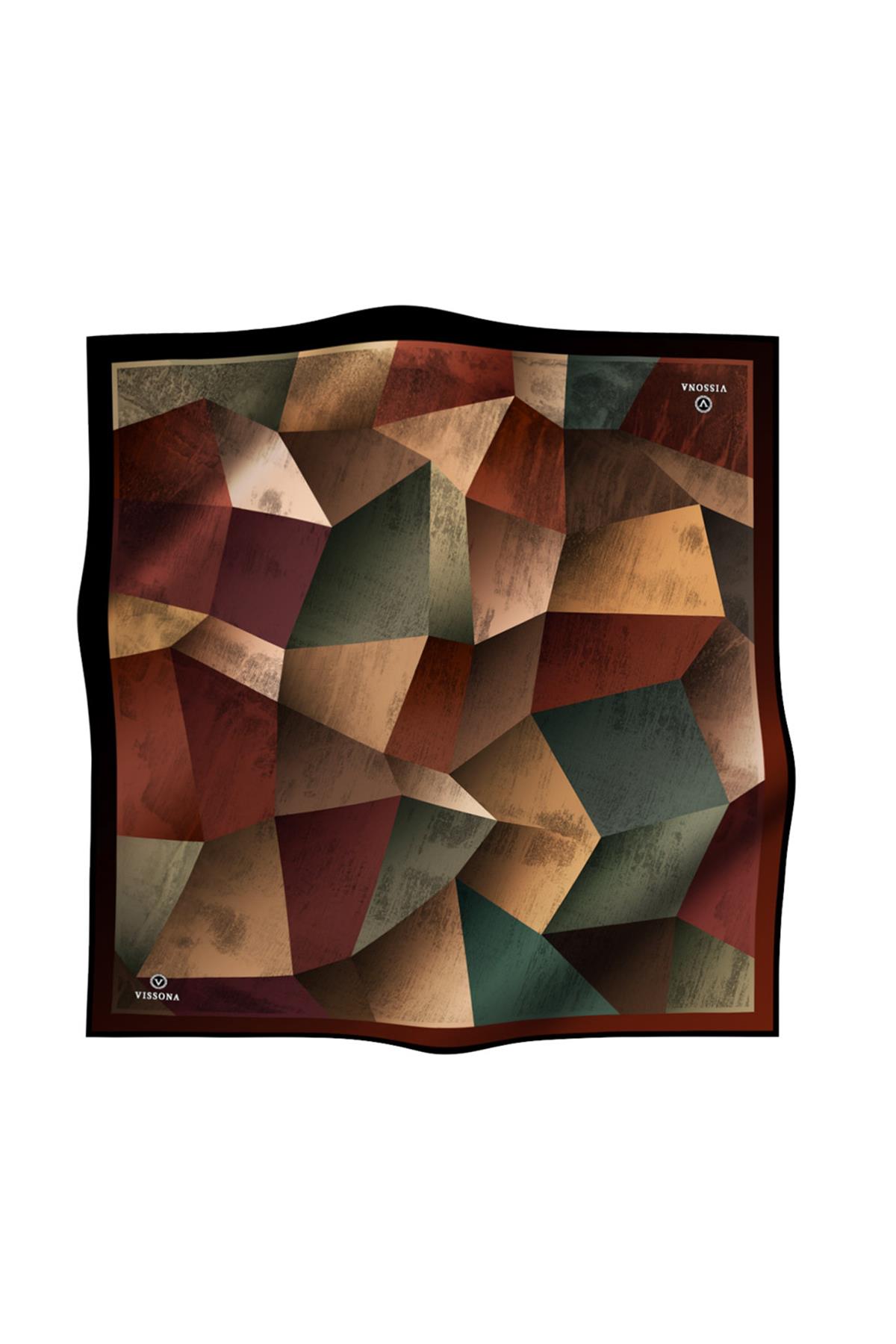 %100 Twill İpek Geometrik Desenli Bordo - Zümrüt Yeşili Renkli 90x90 Eşarp Dikim Şekli : El Dikişi