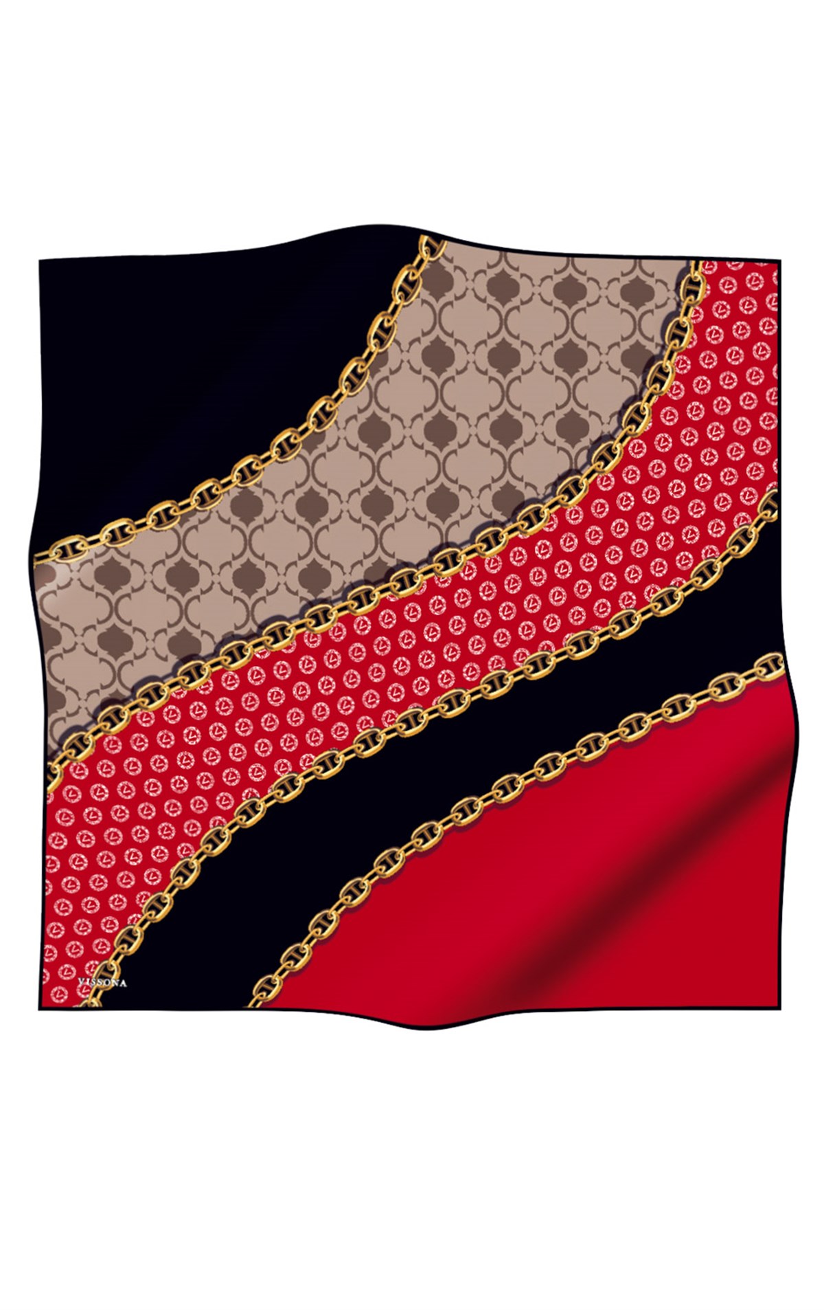 %100 Twill İpek Monogram Ve Zincir Desenli Siyah - Kırmızı Renkli 90x90 Eşarp Dikim Şekli : El Dikişi