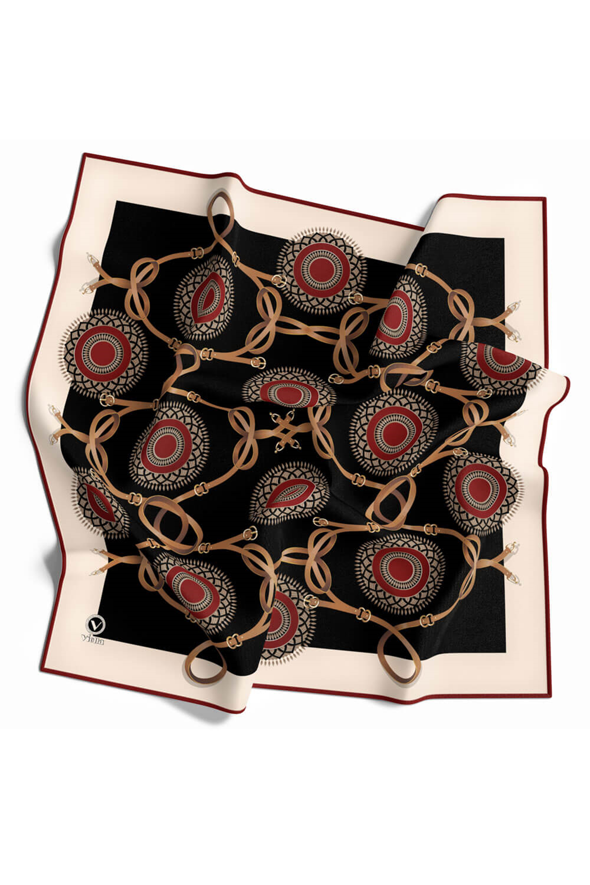 Twill Kemerli Ve Geometrik Desenli Bordo Renkli 90x90 Eşarp (İpek İçermez) Kenar Dikiş Şekli El Dikişli