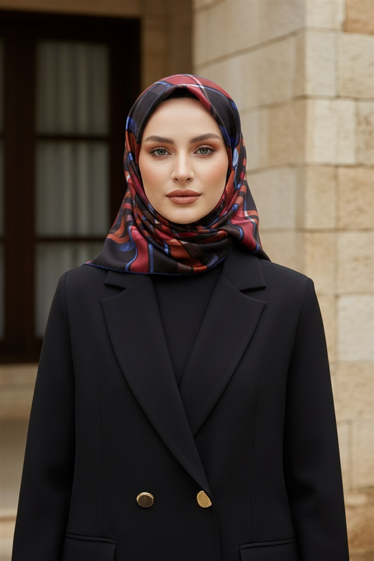 %100 Twill İpek Ekose Desenli Siyah - Kırmızı Renkli 90x90 Eşarp Kenar Dikiş Şekli El Dikişli