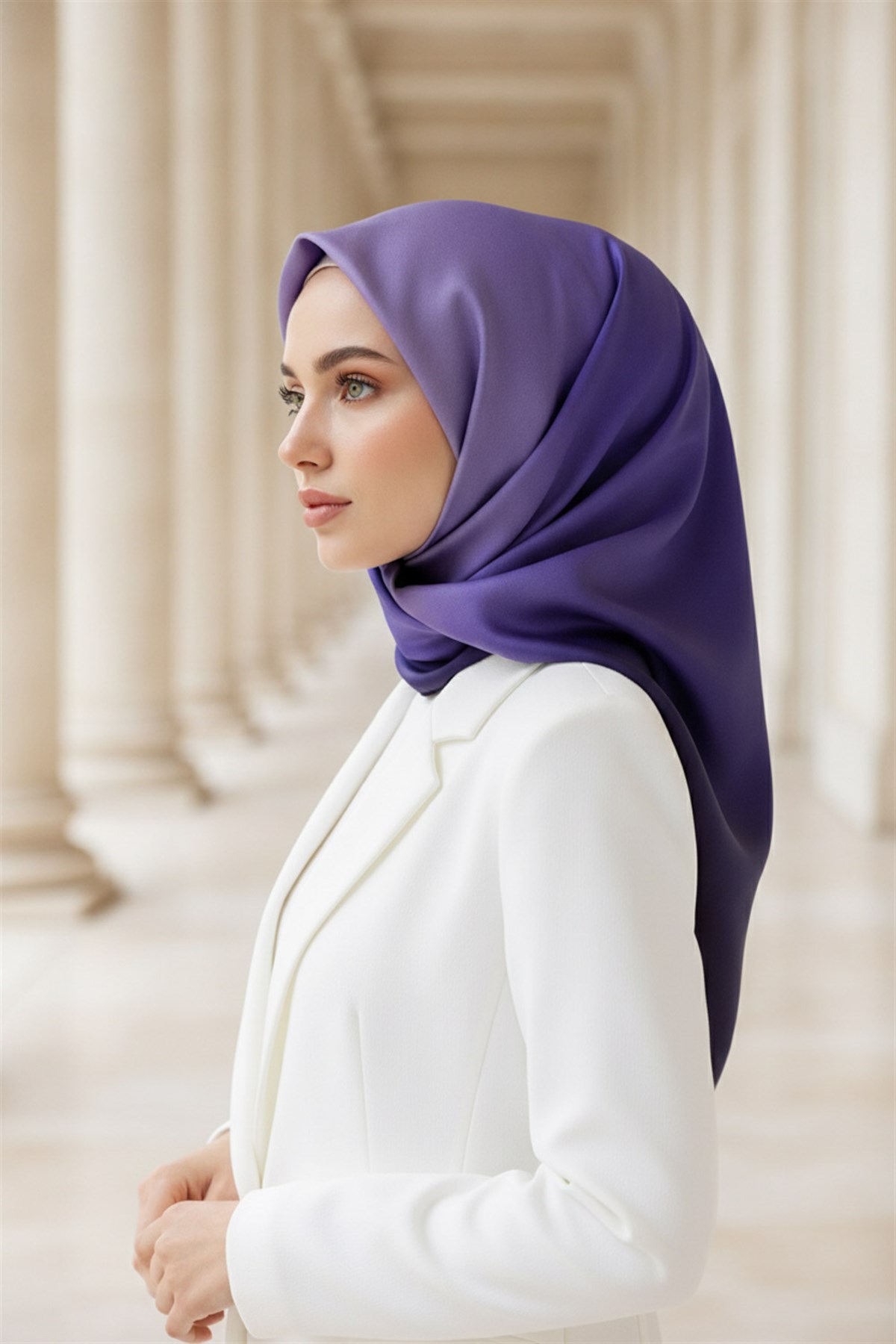 %100 Twill İpek Degrade Desenli Mor Renkli 90x90 Eşarp Dikim Şekli : El Dikişi