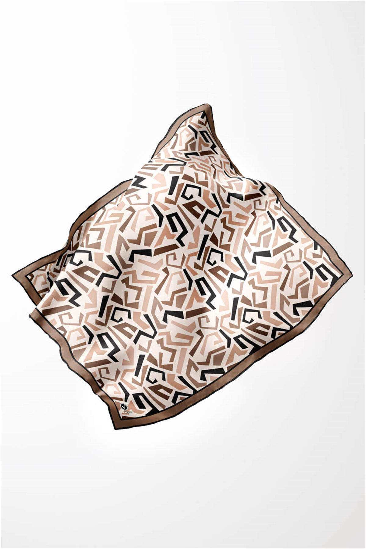 Twill Geometrik Desenli Bej Renkli 90x90 Eşarp (İpek İçermez) Kenar Dikiş Şekli El Dikişli