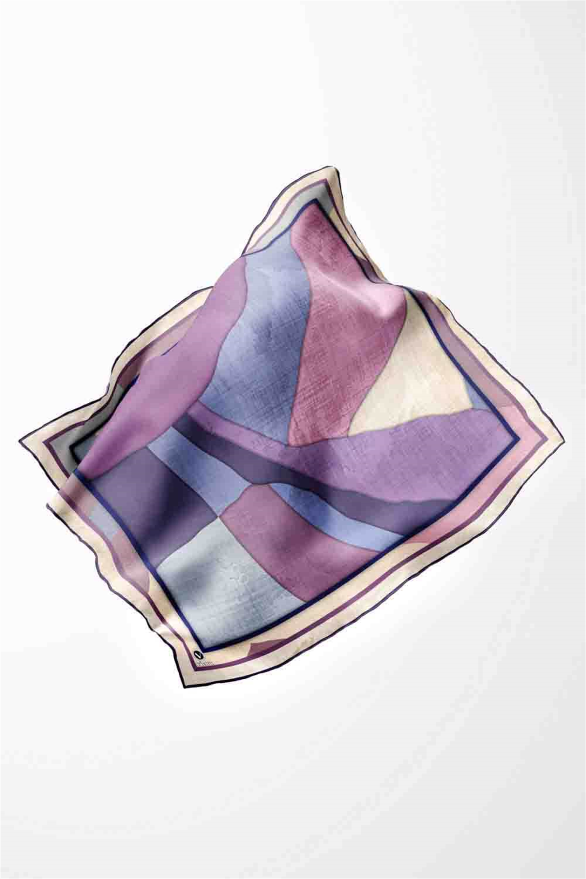 Twill Geometrik Desenli Mor Renkli 90x90 Eşarp (İpek İçermez) Kenar Dikiş Şekli El Dikişli