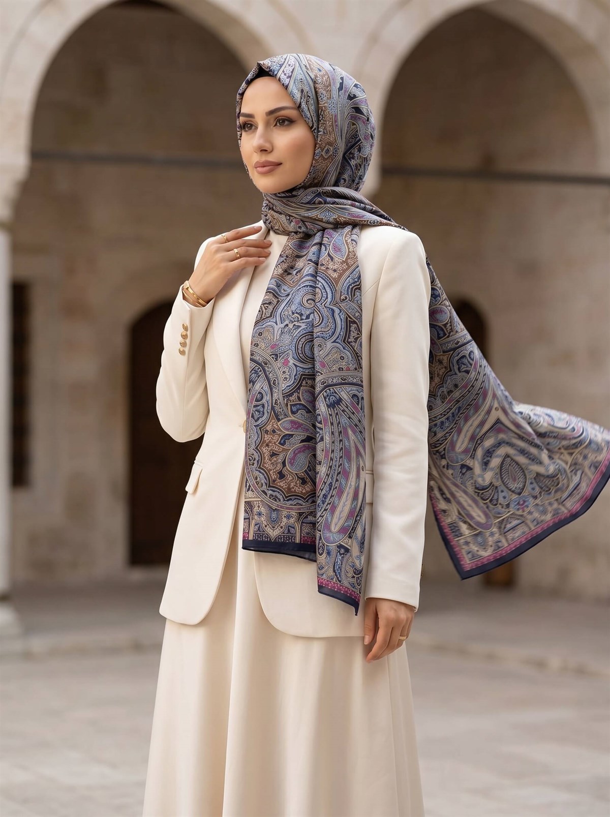 100% İpek Etro Desenli Lacivert - Gold Renkli 92x210 Şal