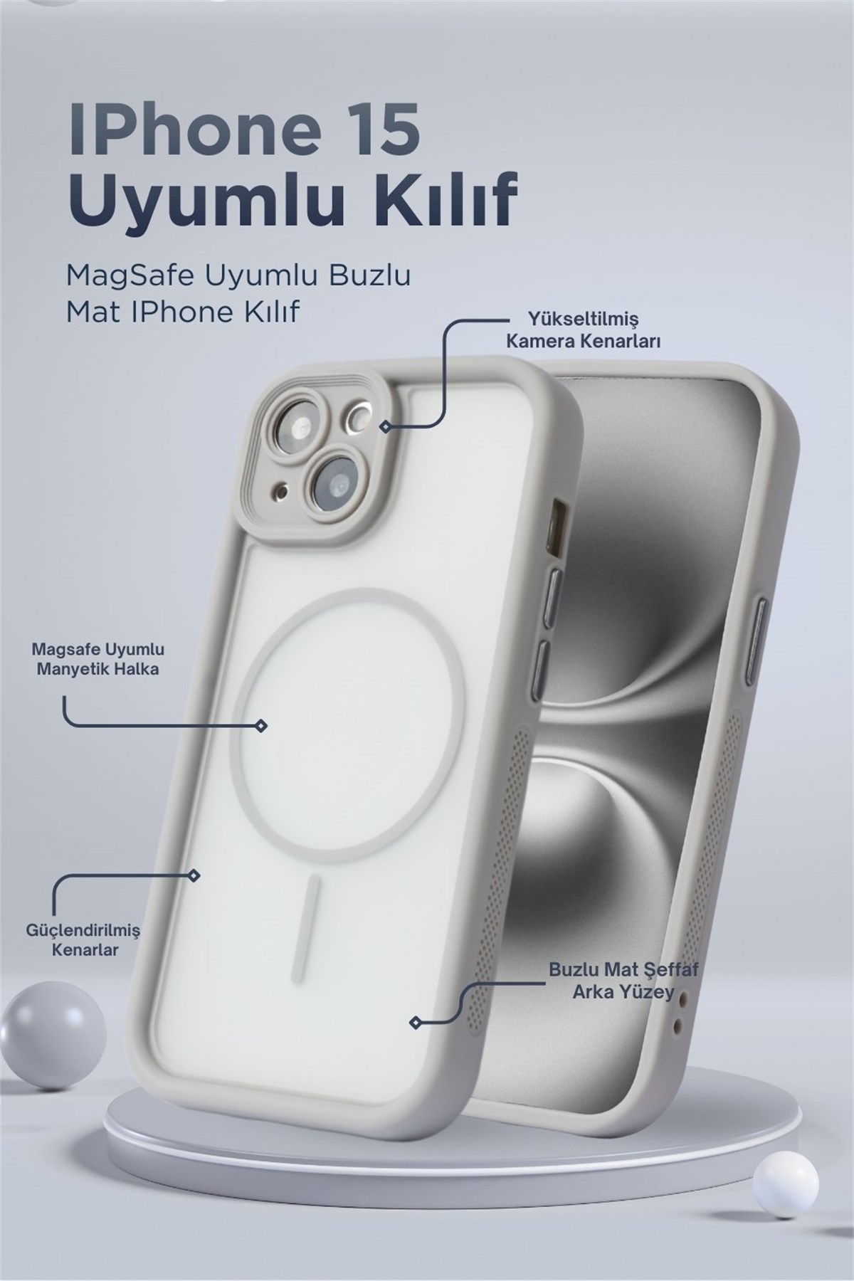 iPhone 15 Kılıf – Kamera Korumalı – MagSafe Uyumlu – Gri Renk – Mat Silikon Telefon Kılıfı