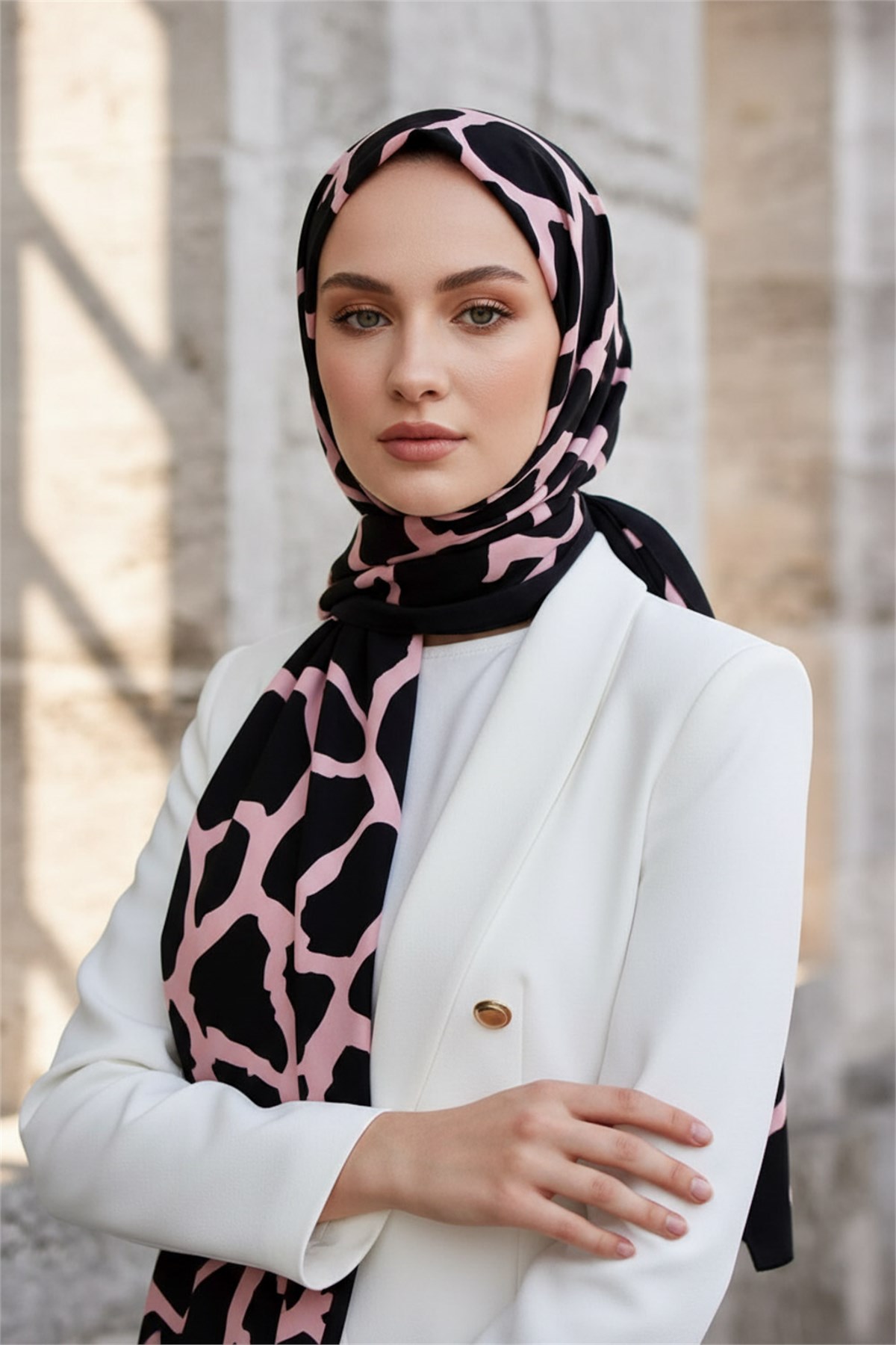 KREP TAŞ DESENLİ SİYAH - PUDRA RENKLİ 75X195 KIRIŞMAZ ŞAL