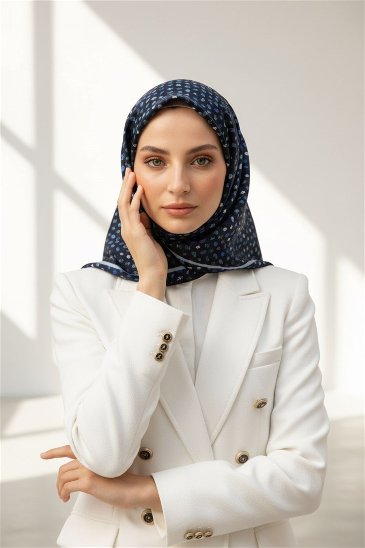 %100 Twill İpek Çıtır Desenli Lacivert Renkli 90x90 Eşarp Dikim Şekli : El Dikişi