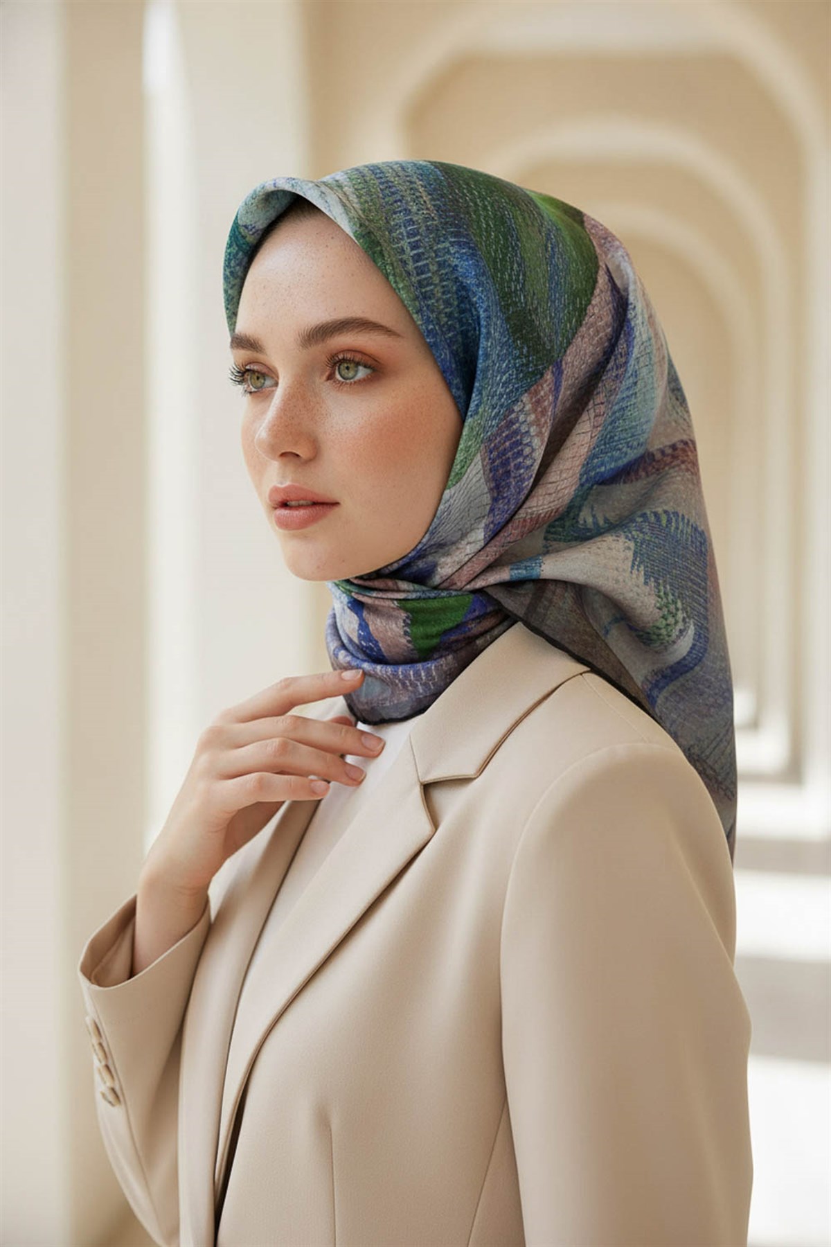 %100 Twill İpek Efektli ve Geometrik Desenli Saks - Mint Yeşili Renkli 90x90 Eşarp Dikim Şekli : El Dikişi