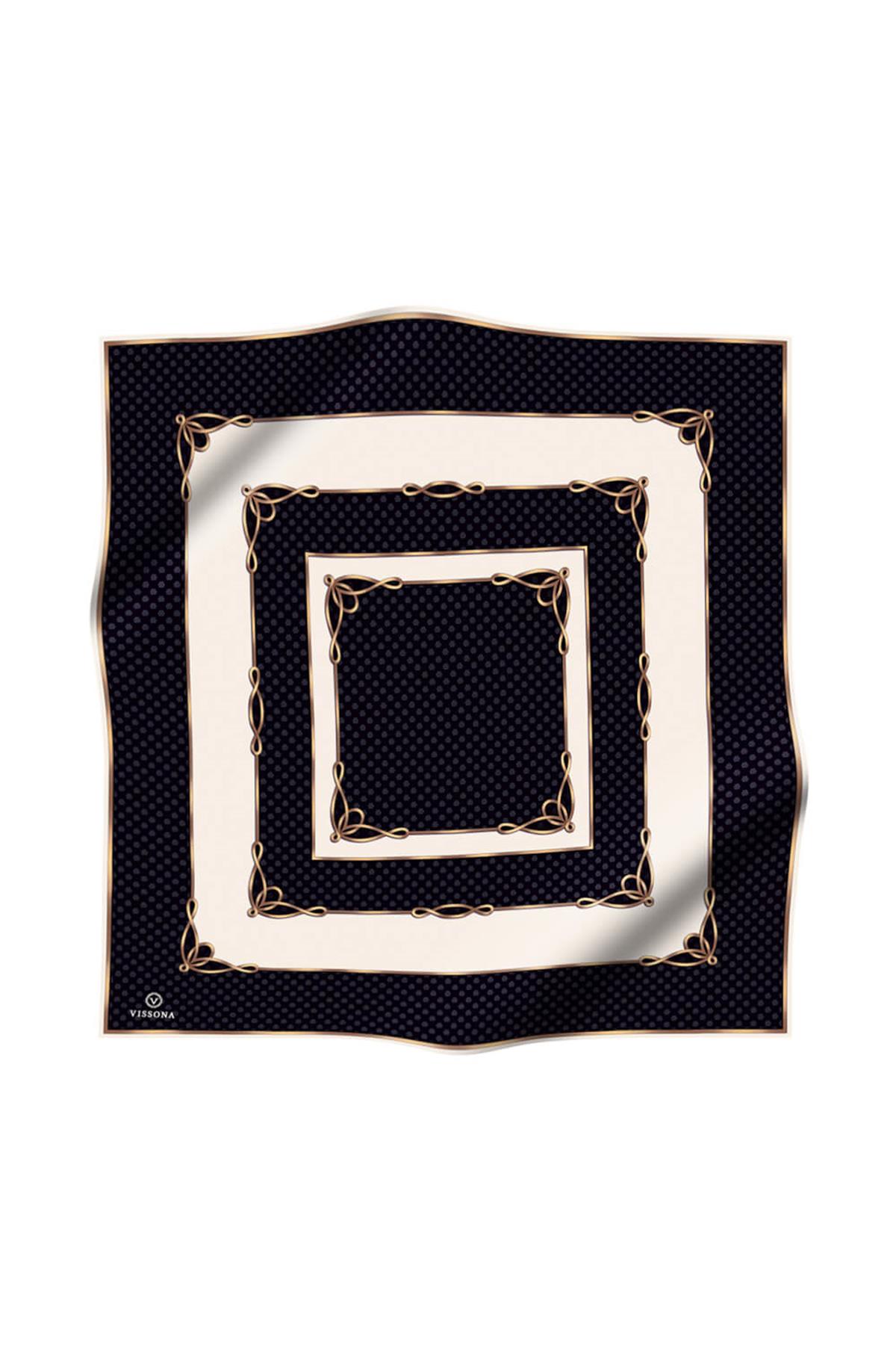 %100 Twill İpek Puantiyeli ve Geometrik Desenli Siyah - Krem Renkli 90x90 Eşarp Dikim Şekli : El Dikişi