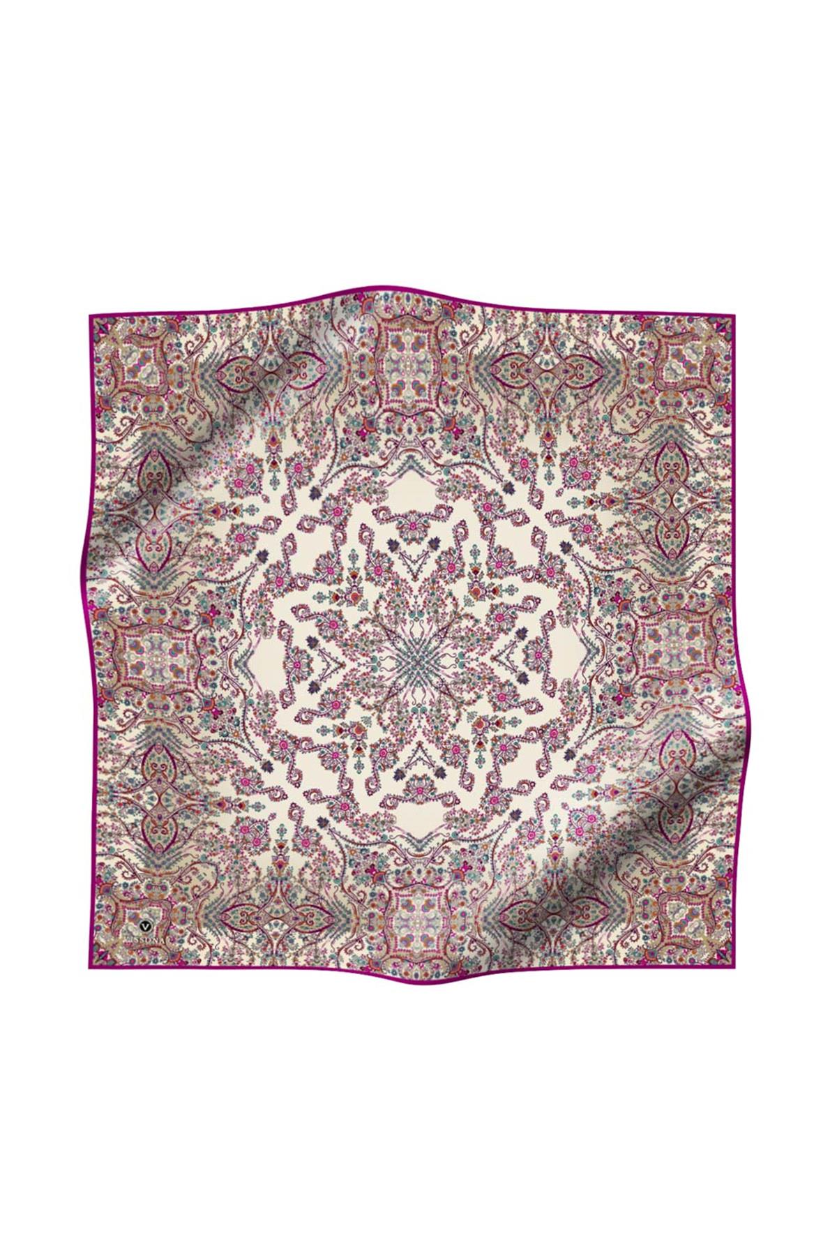 %100 Twill İpek Şal Desenli Krem - Mürdüm Renkli 90x90 Eşarp Dikim Şekli : El Dikişi