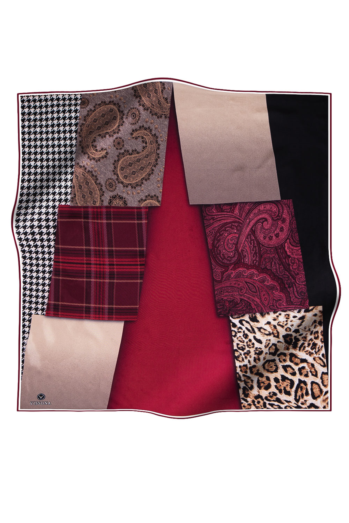 % 57 İPEK % 43 VİSKON Twill İpek Kazayaklı Ekoseli Leoparlı Ve Şal Desenli Bordo - Bej Renkli 90x90 Eşarp Dikim Şekli : El Dikişi