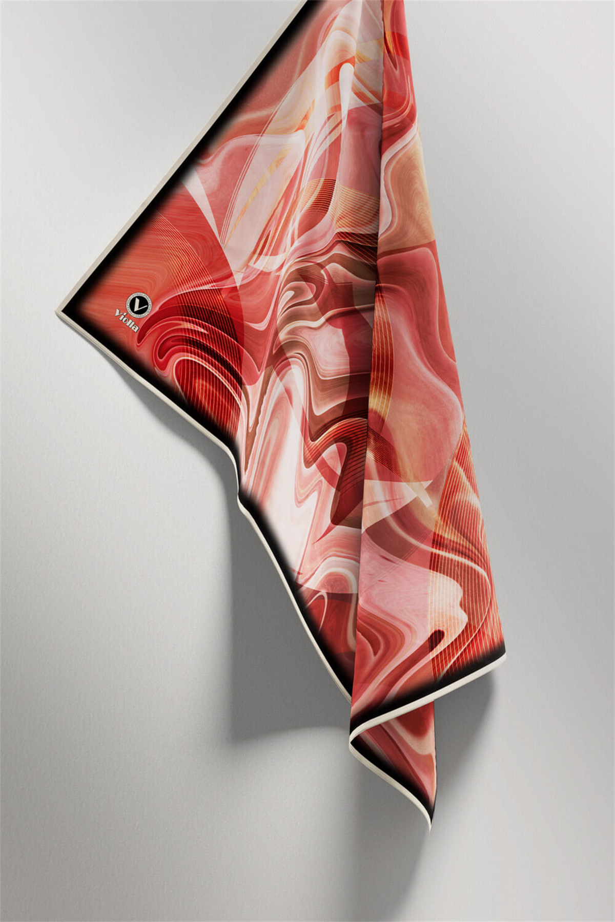 Twill Soyut Dalga Desenli Kırmızı Renkli 90x90 Eşarp (İpek İçermez) Dikim Şekli : El Dikişi
