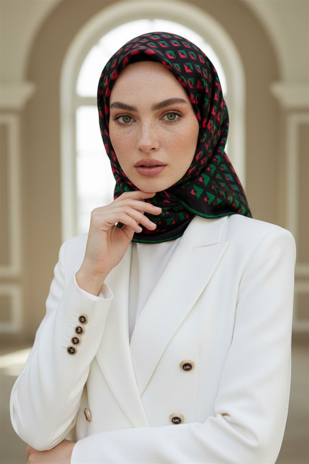 %100 Twill İpek Geometrik Desenli Kırmızı - Zümrüt Yeşili Renkli 90x90 Eşarp Dikim Şekli : El Dikişi