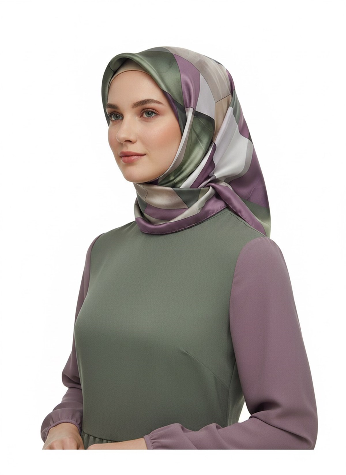 %100 Twill İpek Geometrik Desenli Gül Kurusu - Haki Renkli 90x90 Eşarp Dikim Şekli : El Dikişi