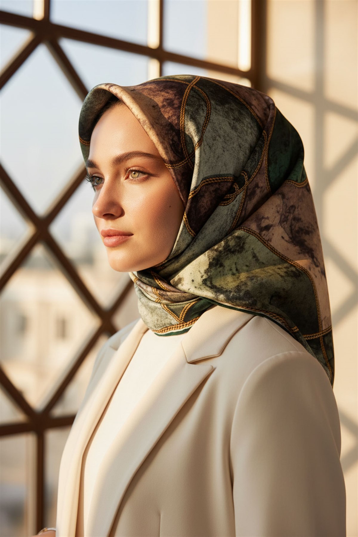 %100 Twill İpek Zincirli Mermer Desenli Zümrüt Yeşili - Haki Renkli 90x90 Eşarp Dikim Şekli : El Dikişi