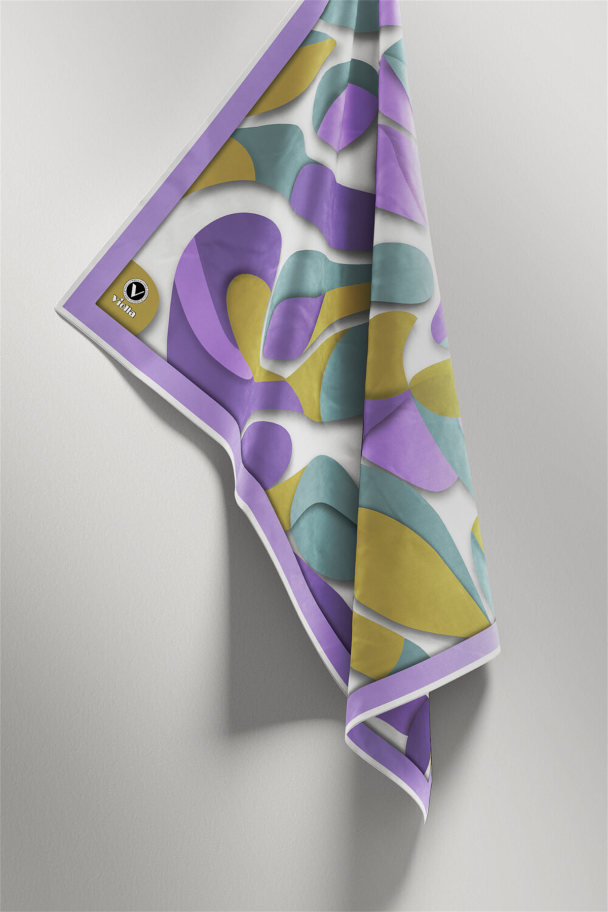Twill Soyut Geometrik Desenli Lila - Haki Renkli 90x90 Eşarp (İpek İçermez) Dikim Şekli : El Dikişi