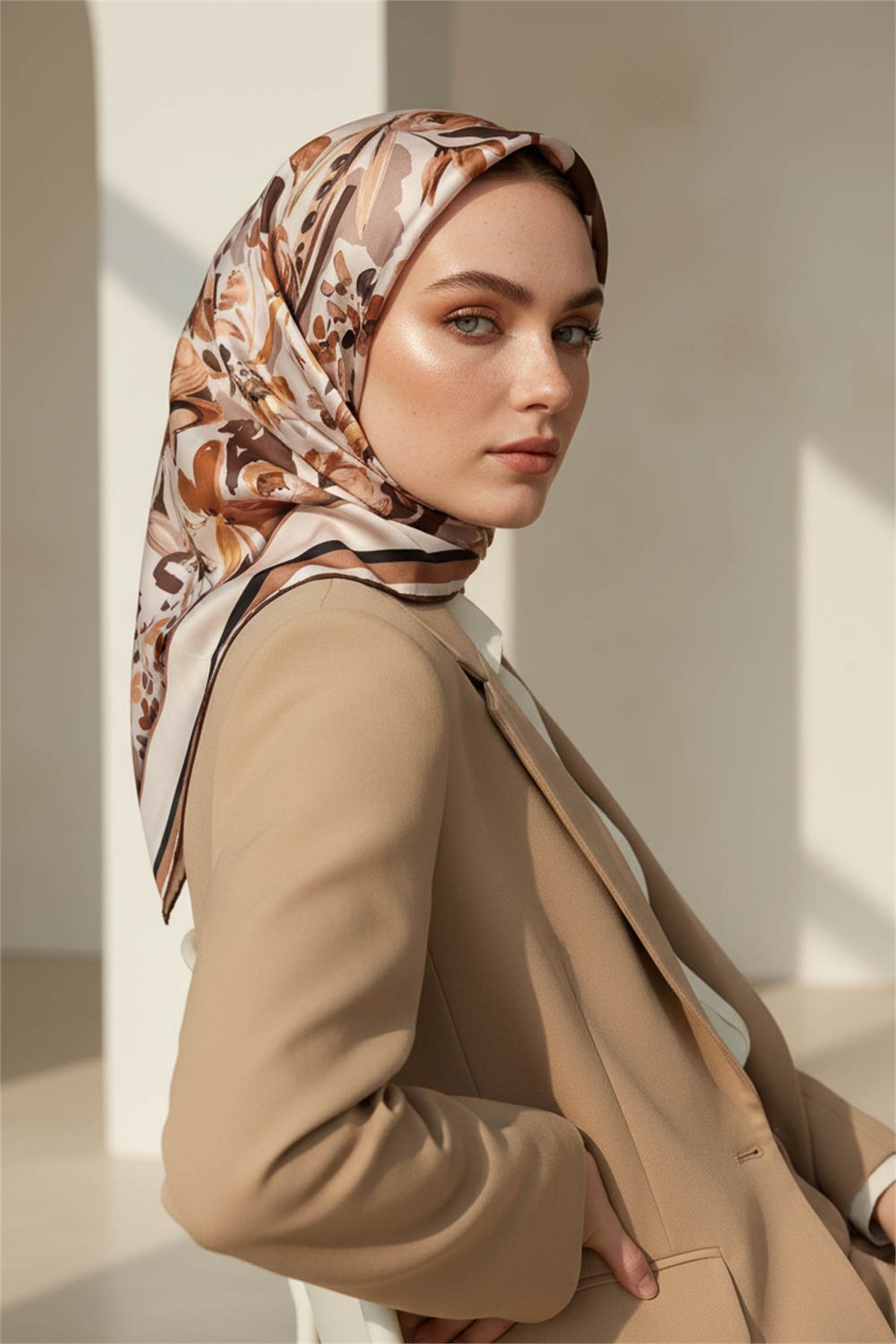 Rayon Çiçek Desenli Bej Renkli 90x90 Dikim Şekli : El Dikişi Eşarp (İpek İçermez)
