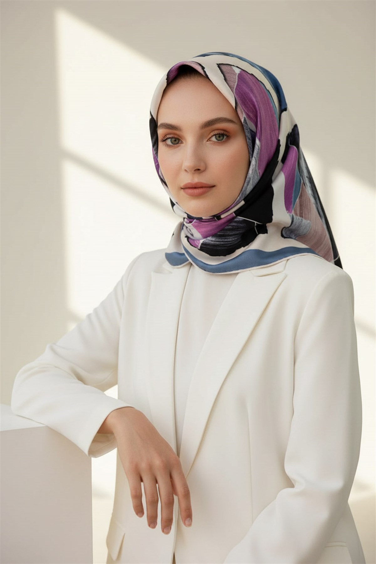 %100 Twill İpek Geometrik Desenli Bebe Mavisi - Pembe Renkli 90x90 Eşarp Dikim Şekli : El Dikişi