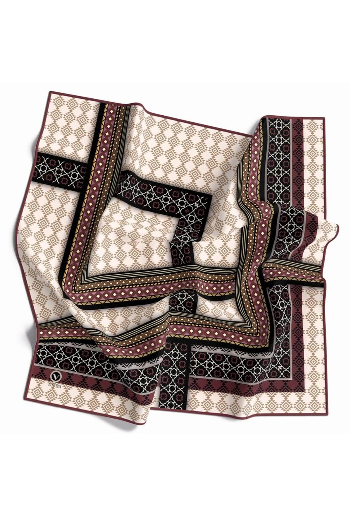 Twill Etnik Desenli Gül Kurusu Renkli 90x90 Eşarp (İpek İçermez) Kenar Dikiş Şekli El Dikişli