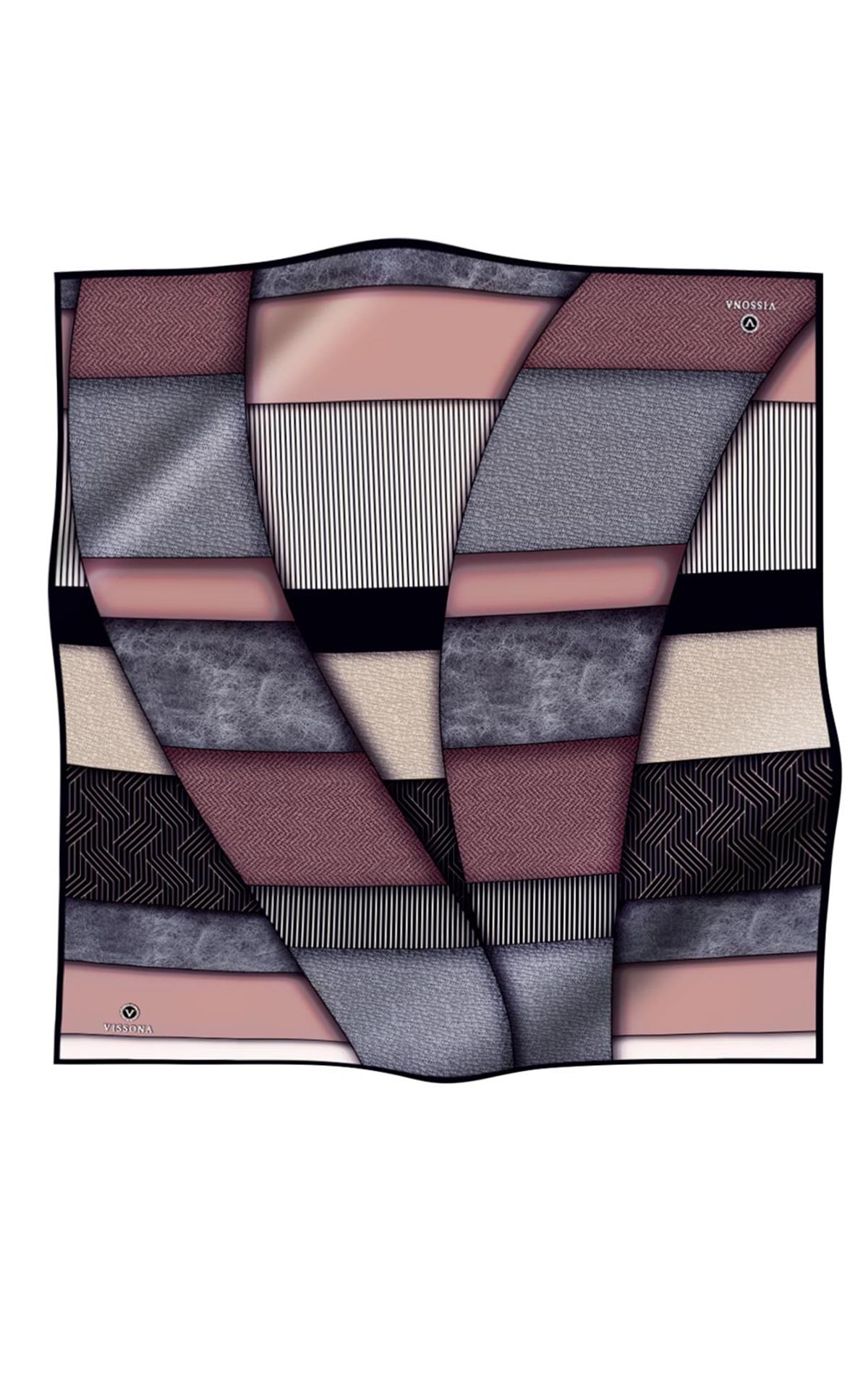 %100 Twill İpek Dokulu ve Geometrik Desenli Pudra - Gri Renkli 90x90 Eşarp Dikim Şekli : El Dikişi